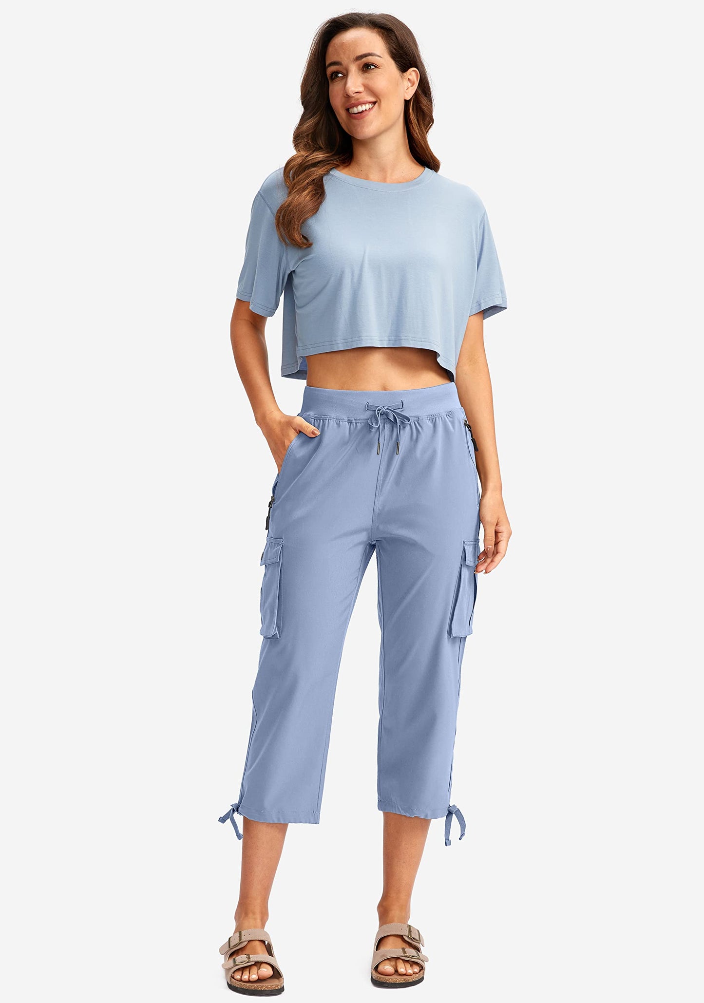 Soothfeel Women's Cargo Capris Pants with 6 Pockets Lightweight Quick Dry Travel Hiking Summer Pants for Women Casual (Stone Blue, 3XL)
