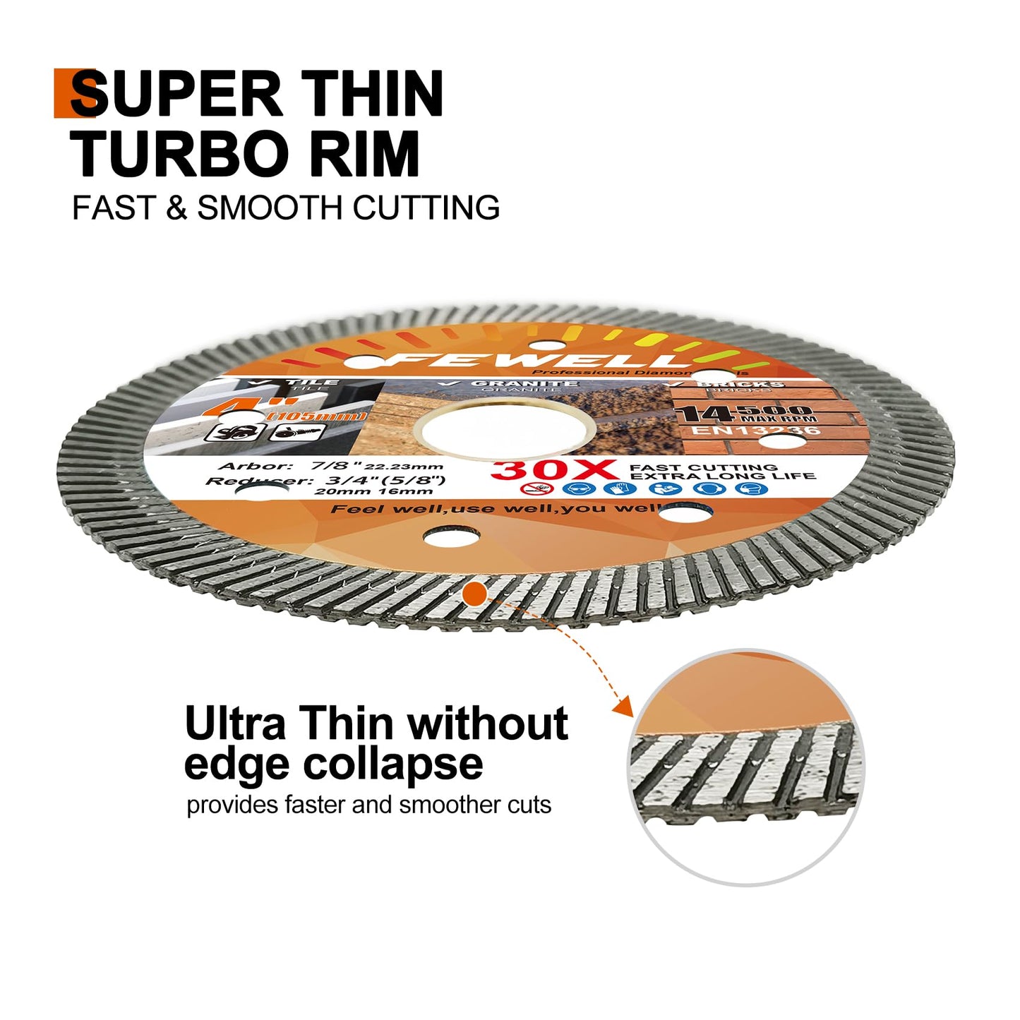 FEWELL 4Inch Diamond Ceramic Saw Blade for Angle Grinder,Spuer Thin Turbo Blade Cutting disc for Porcelain,Ceramic Tile Granite Brick and Concrete 105x10x22.23 mm (3-Packs)