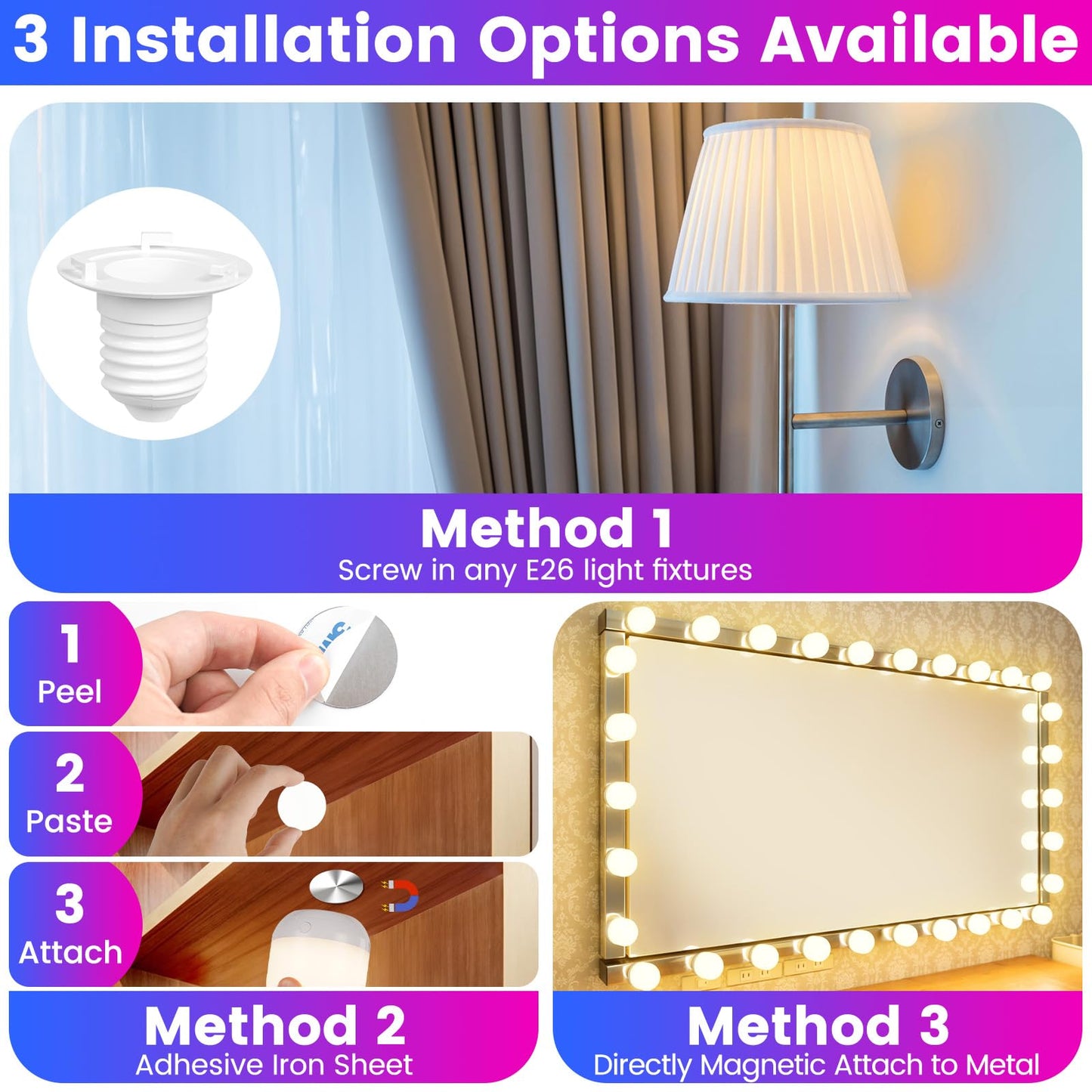 Yochoice 2-Pack Rechargeable Battery Operated Light Bulb with Remote Control, E26 Battery Powered Dimmable Light Bulb with 3 Color Temperatures + 12 RGB Colors, Detachable LED Bulb for Wall Sconce