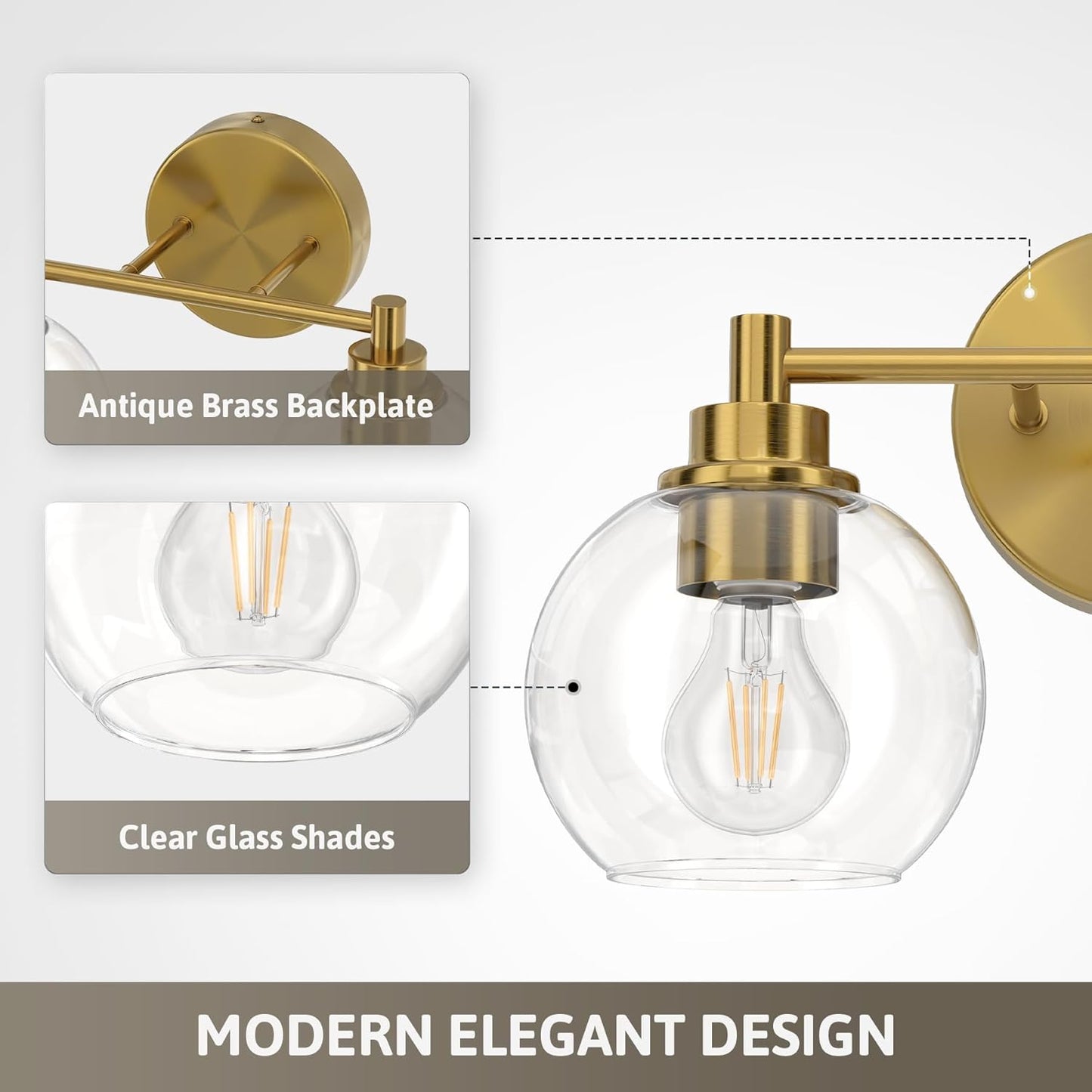 3-Light Vanity Bathroom Light Fixture with Globe Glass Shades - Brushed Nickel, ETL Certified