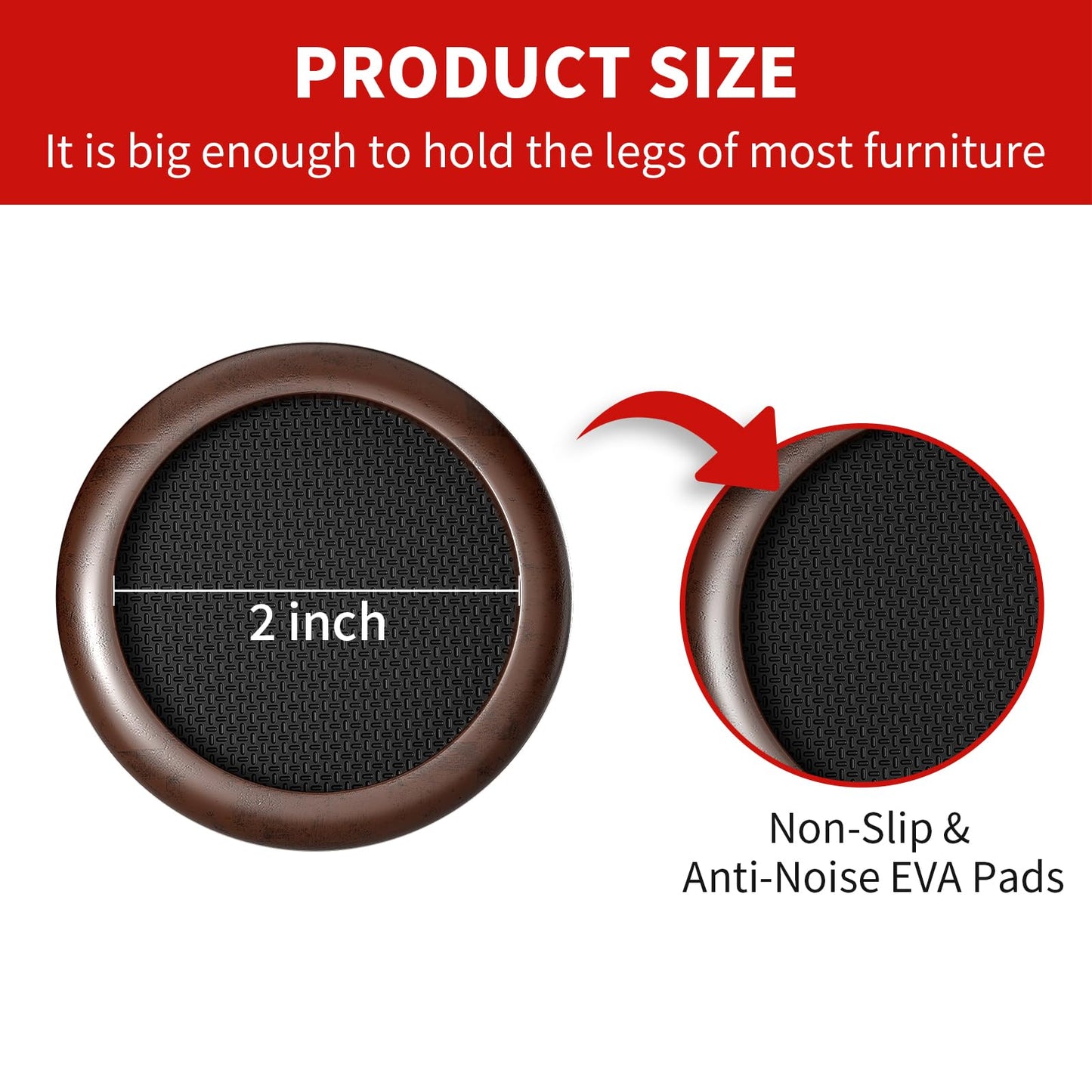 Ezprotekt 2 inch Non Slip Wood Furniture Pads for Hardwood Floors, 4 Pcs Round Anti Slip Furniture Coaster Cups Floor Protectors with Anti-Slide EVA for Chair Sofa Table Bed Couch (Dark Brown)