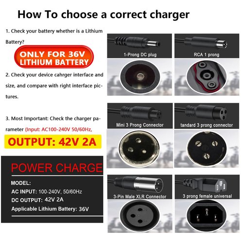 36V Lithium Battery Charger, 42V 2A Charger for Electric Scooter Hoverboard Ebike, Compatible with Gotrax,Jetson,Ninebot,Volpam,Segway, Razor,Sisigad,Hover 1 (for 36V Lithium Batteries only)