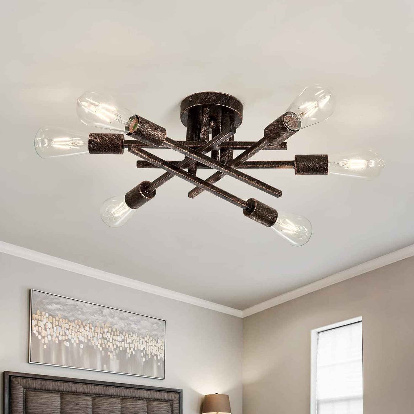 Gold Modern 6-Light Semi Flush Mount Ceiling Light Fixture - Vintage Sputnik Chandelier for Kitchen, Dining & Living Room