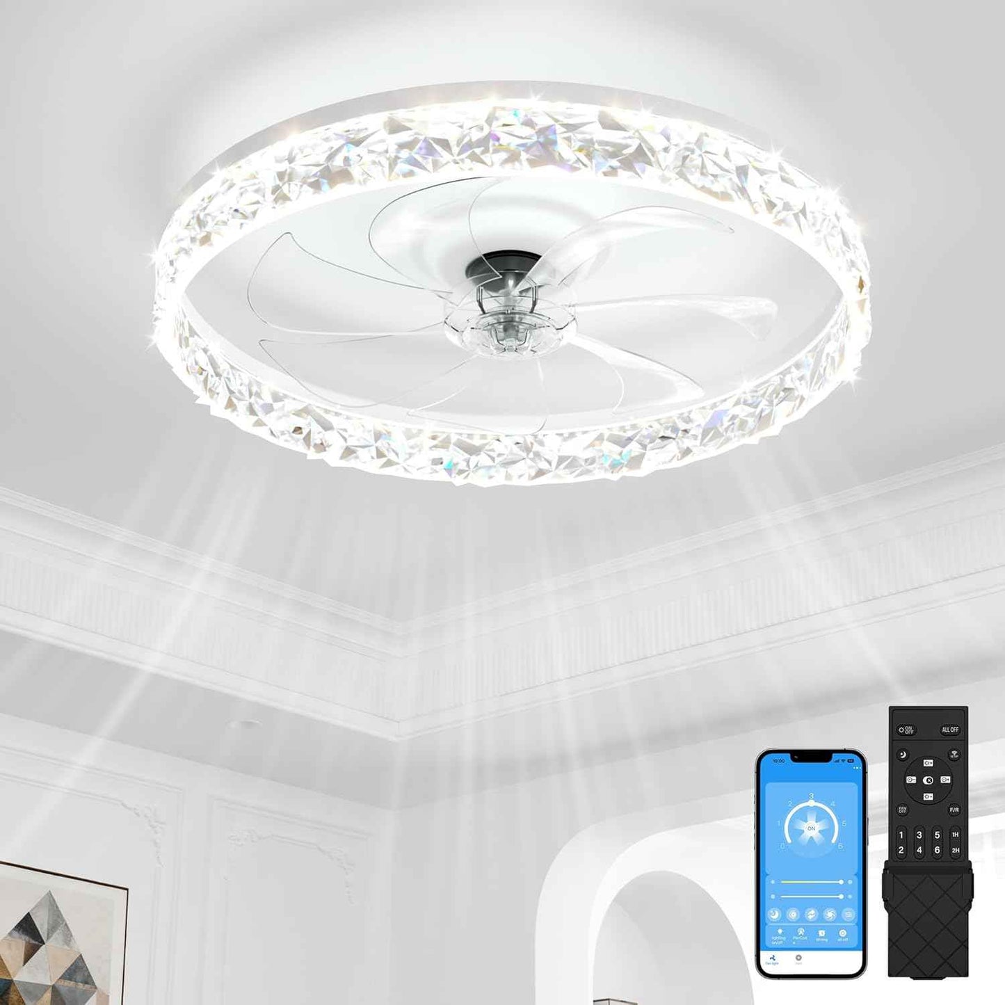 Modern Bladeless Ceiling Fan with Light & Remote - 15.7in Low Profile Fandelier, Dimmable 3000K-6500K for Bedroom
