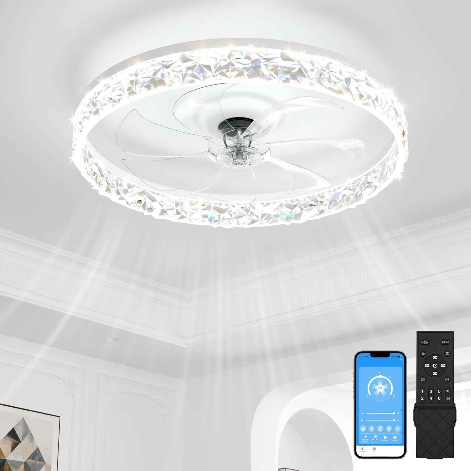 Modern Bladeless Ceiling Fan with Light & Remote - 15.7in Low Profile Fandelier, Dimmable 3000K-6500K for Bedroom