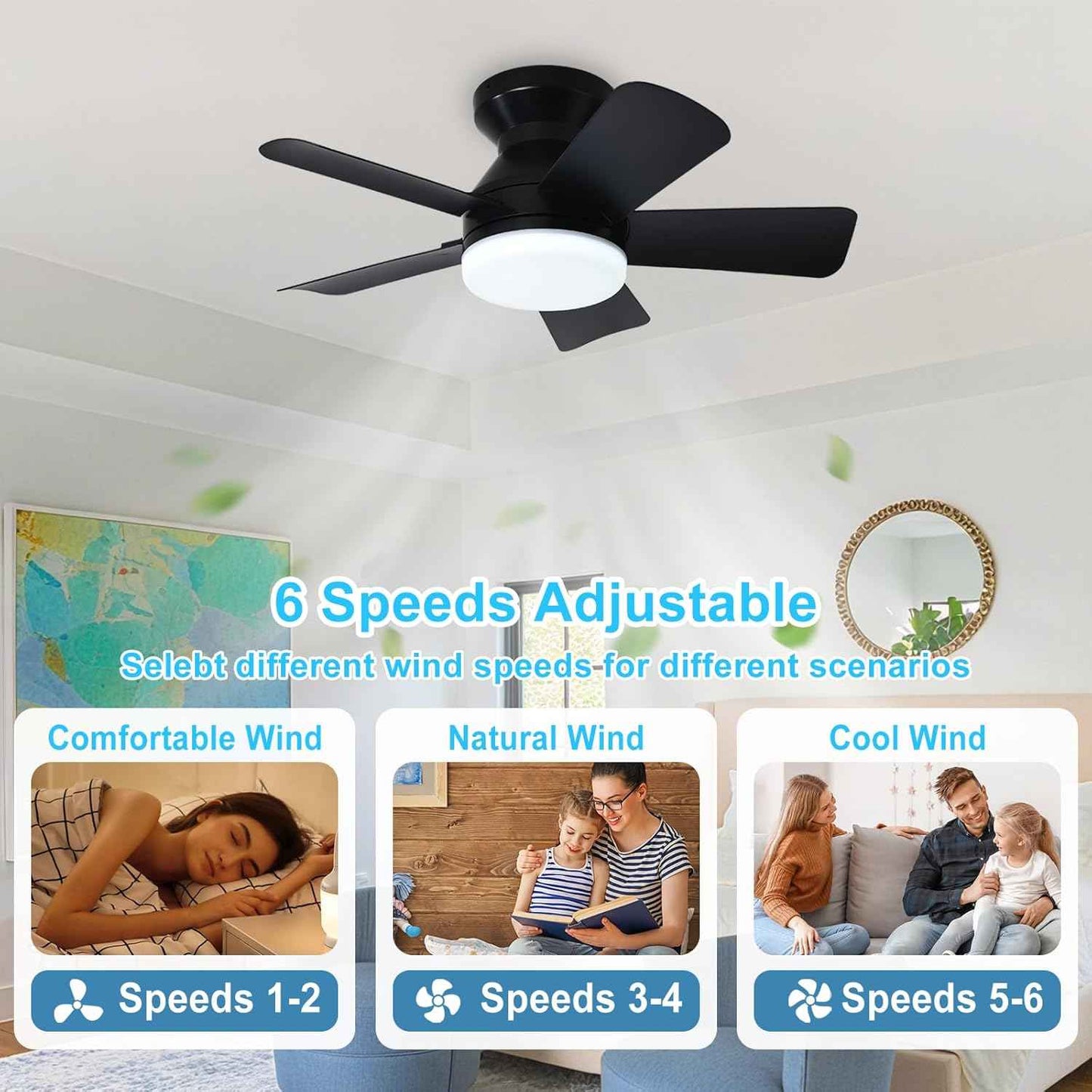42-Inch Modern Black Ceiling Fan with Light & Remote - Dimmable Low Profile, 5 Reversible Walnut Blades, 6 Speeds for Indoor/Outdoor Use