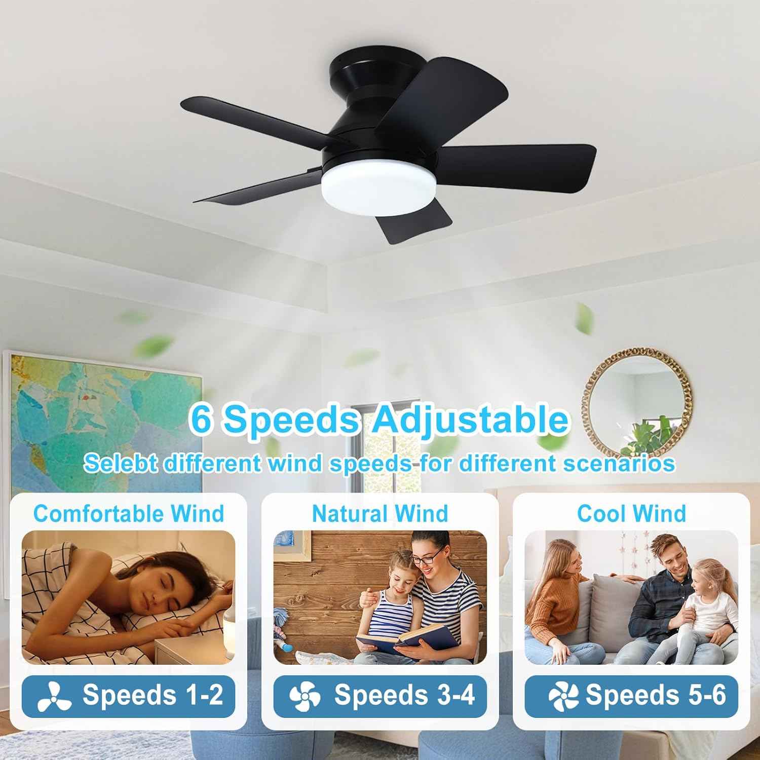 42-Inch Modern Black Ceiling Fan with Light & Remote - Dimmable Low Profile, 5 Reversible Walnut Blades, 6 Speeds for Indoor/Outdoor Use