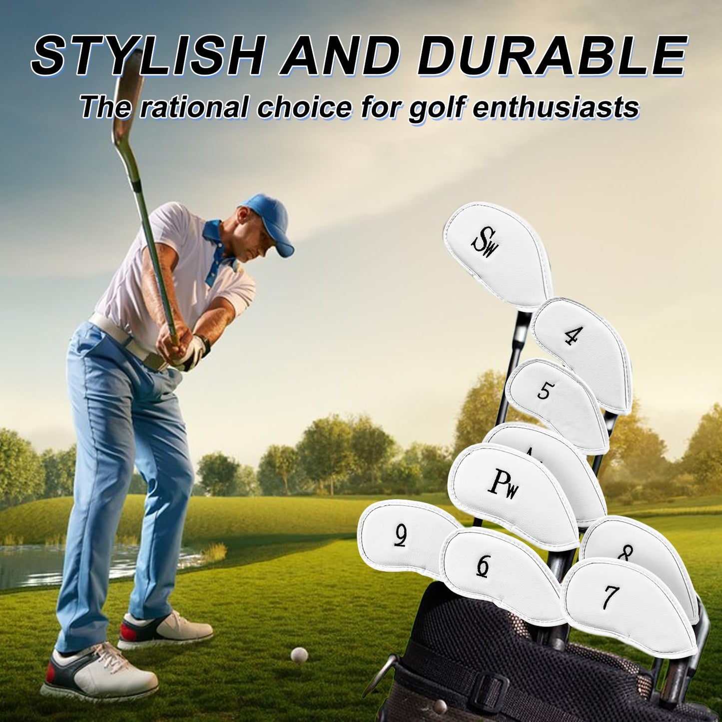 10PCS Premium Synthetic Leather Golf Club Covers, White Thick Golf Iron Covers, Durable and Stylish Head Covers for Golf Clubs, Fits Most Clubs