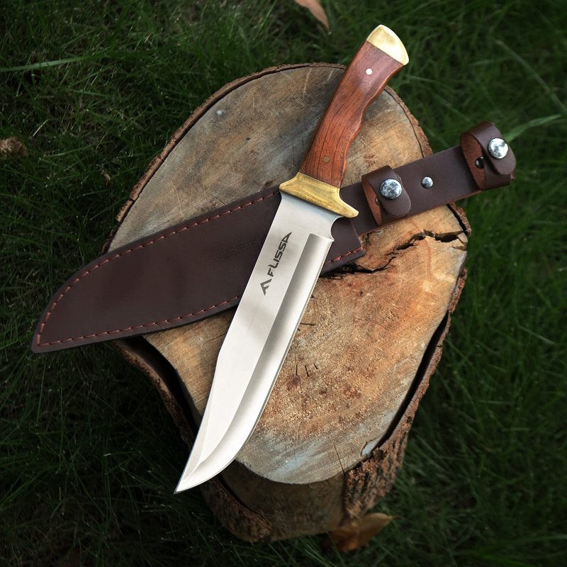 FLISSA 14-inch Bowie Full-tang Fixed Blade Knife with Wood Handle, Hunting Knife with Leather Sheath for Outdoor Survival, Camping, Hiking