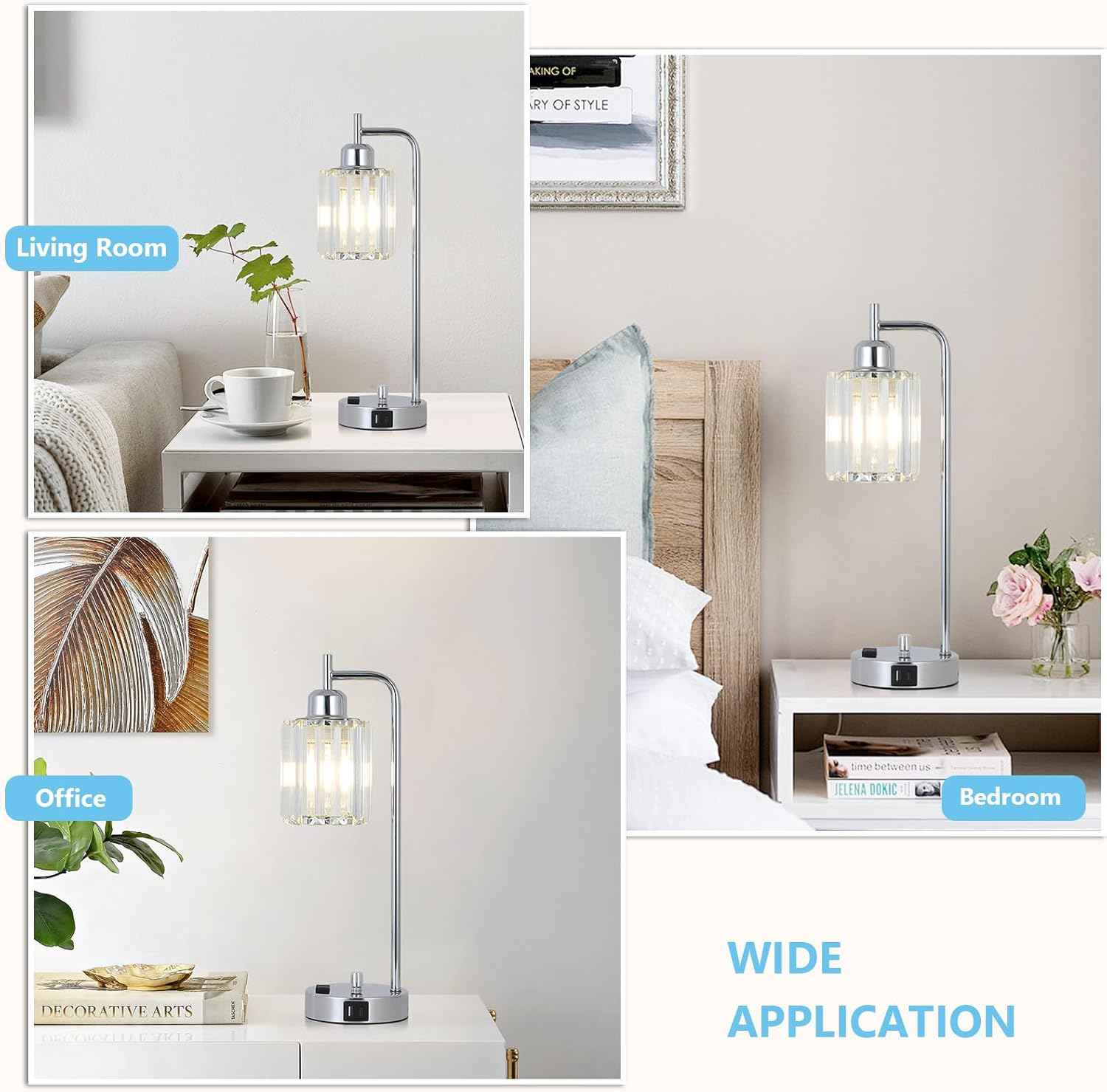 Modern Gold Crystal Table Lamps Set of 2 with LED Bulbs & USB Port - Elegant Bedside Lighting