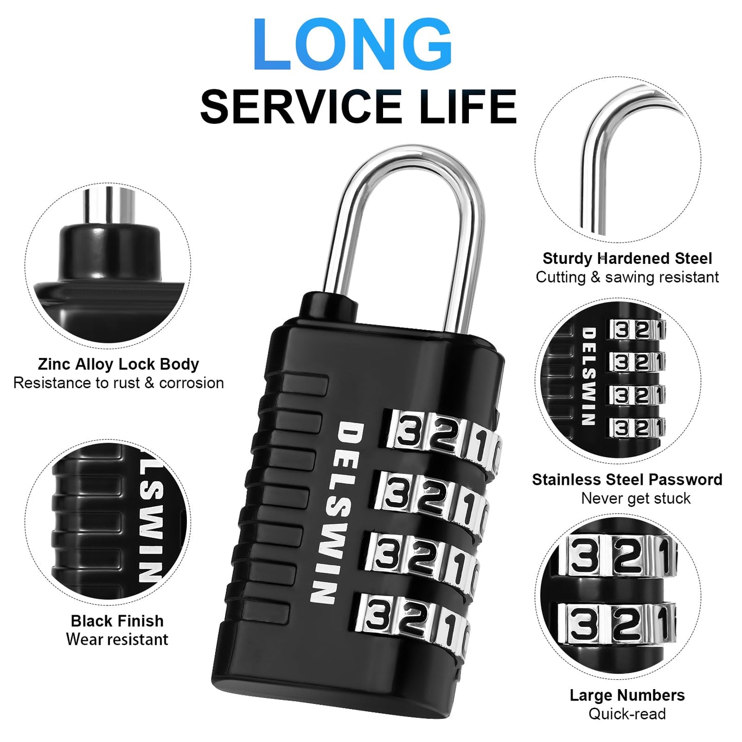 DELSWIN Combination Lock 4-Digit Small Padlock - 4Pcs Resettable Combo Lock for School Gym Locker, Outdoor, Fence, Gate, Waterproof Luggage Locks for Travel Backpack