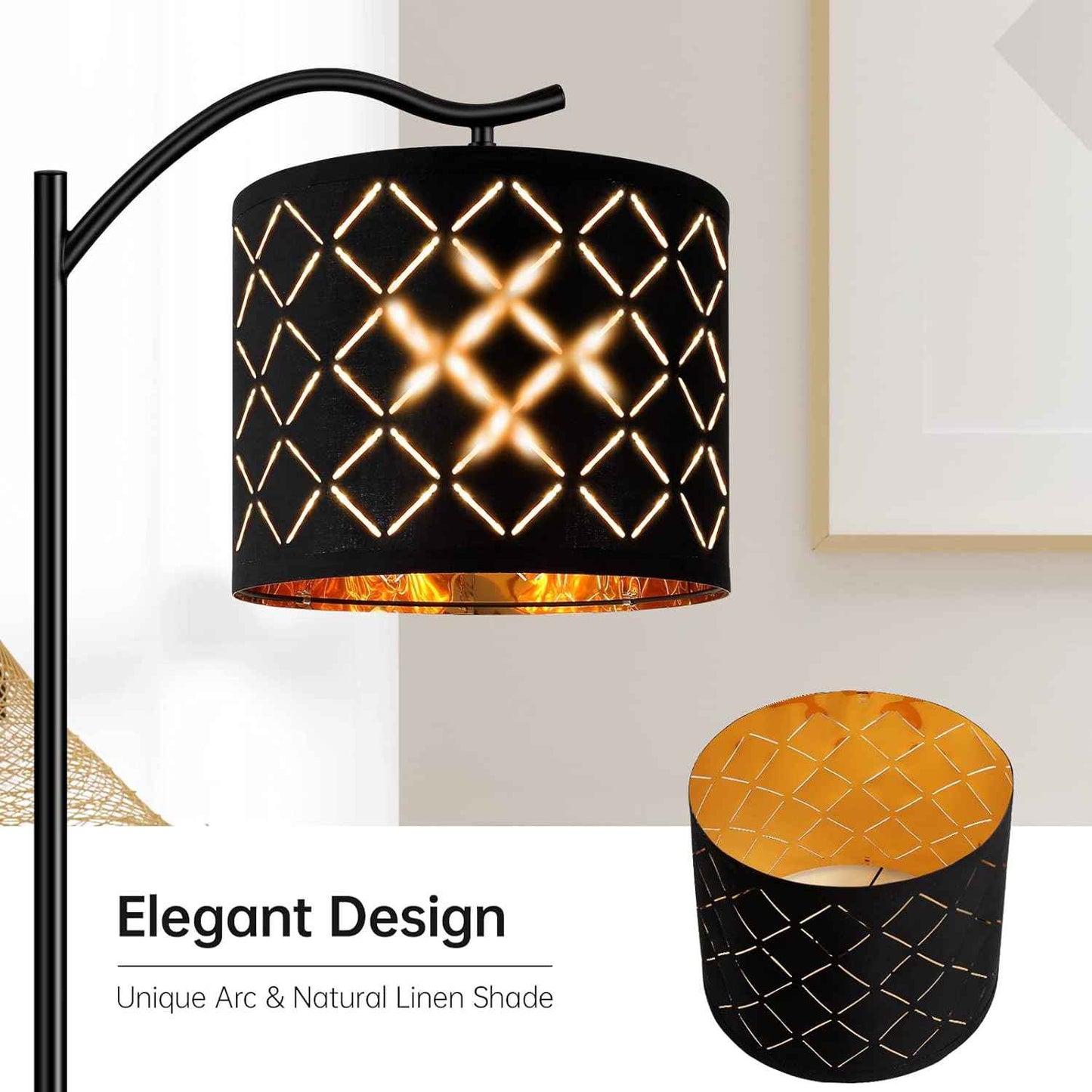 Modern LED Floor Lamp with Bohemian Linen Shade – Arched Tall Standing Light for Living Room & Bedroom
