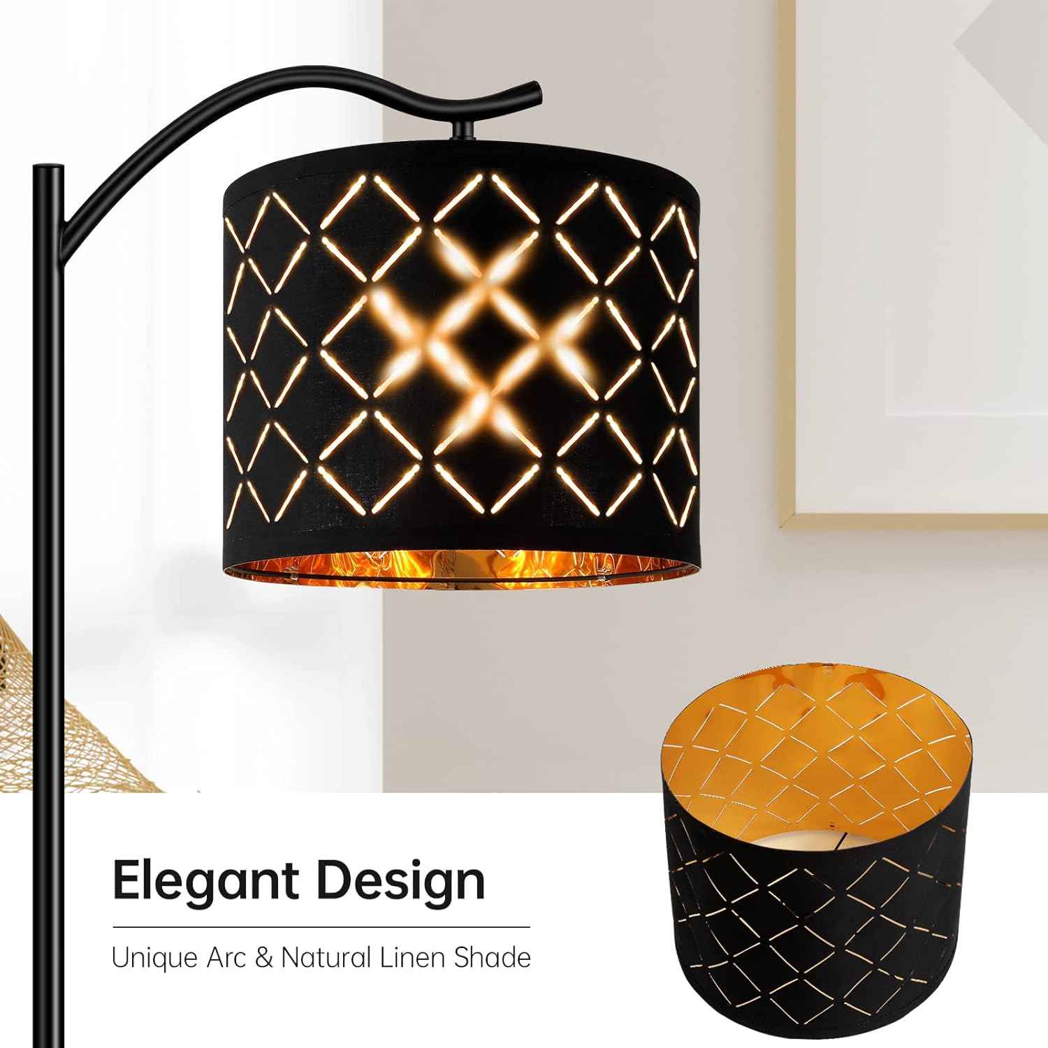 Modern LED Floor Lamp with Bohemian Linen Shade – Arched Tall Standing Light for Living Room & Bedroom