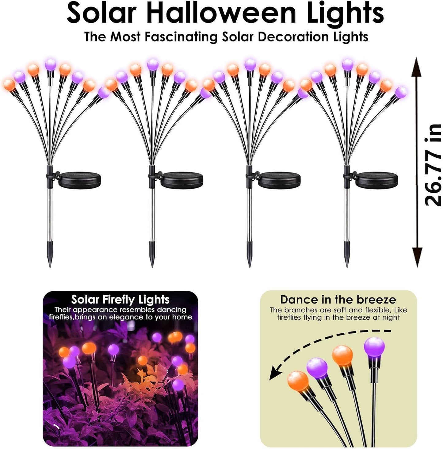 48 LED Solar Halloween Lights - 6 Pack Purple & Orange Waterproof Firefly Lights for Garden & Patio Decor