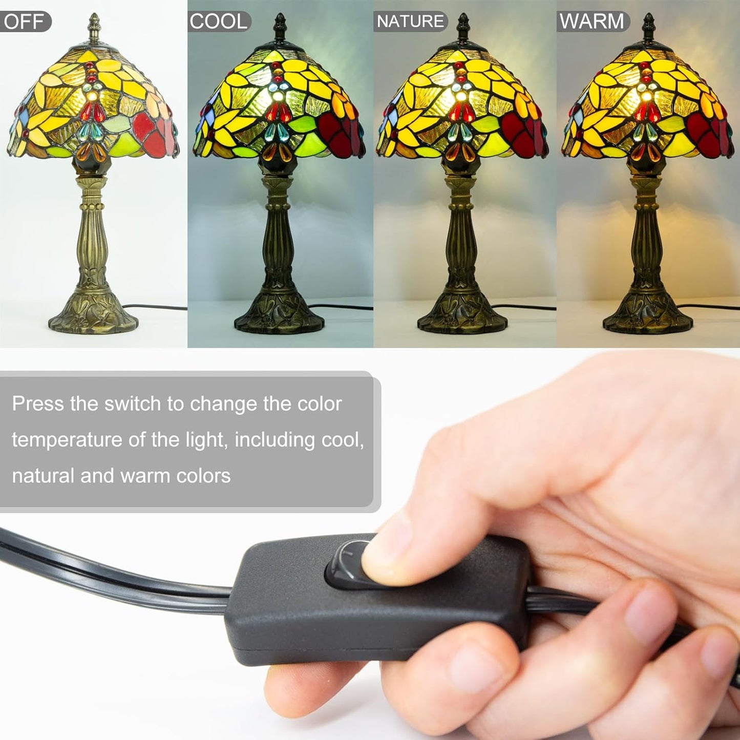Tiffany Table Lamp - 8 Inch Antique Stained Glass, 3 Color Temperatures, Handcrafted for Bedroom & Living Room