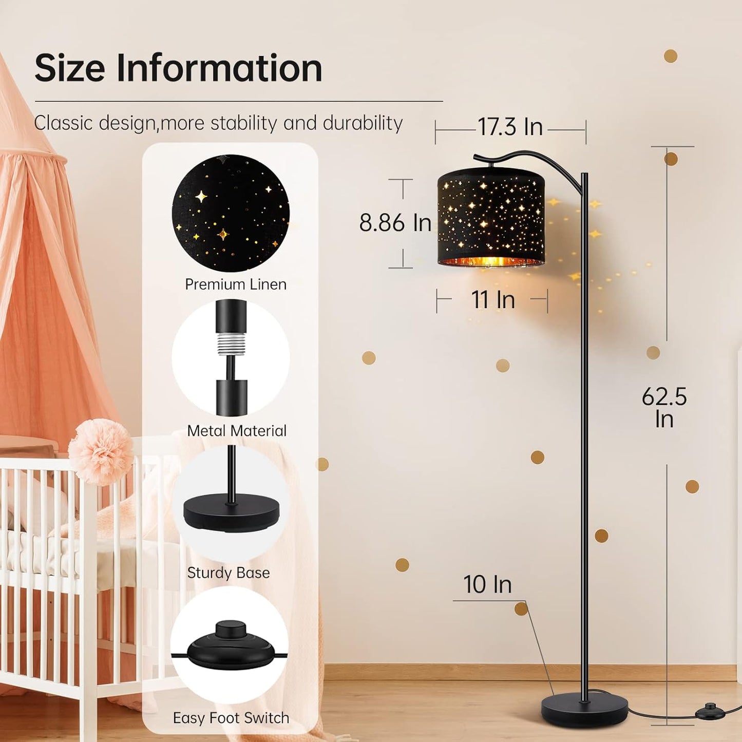 Modern LED Floor Lamp with Bohemian Linen Shade – Arched Tall Standing Light for Living Room & Bedroom