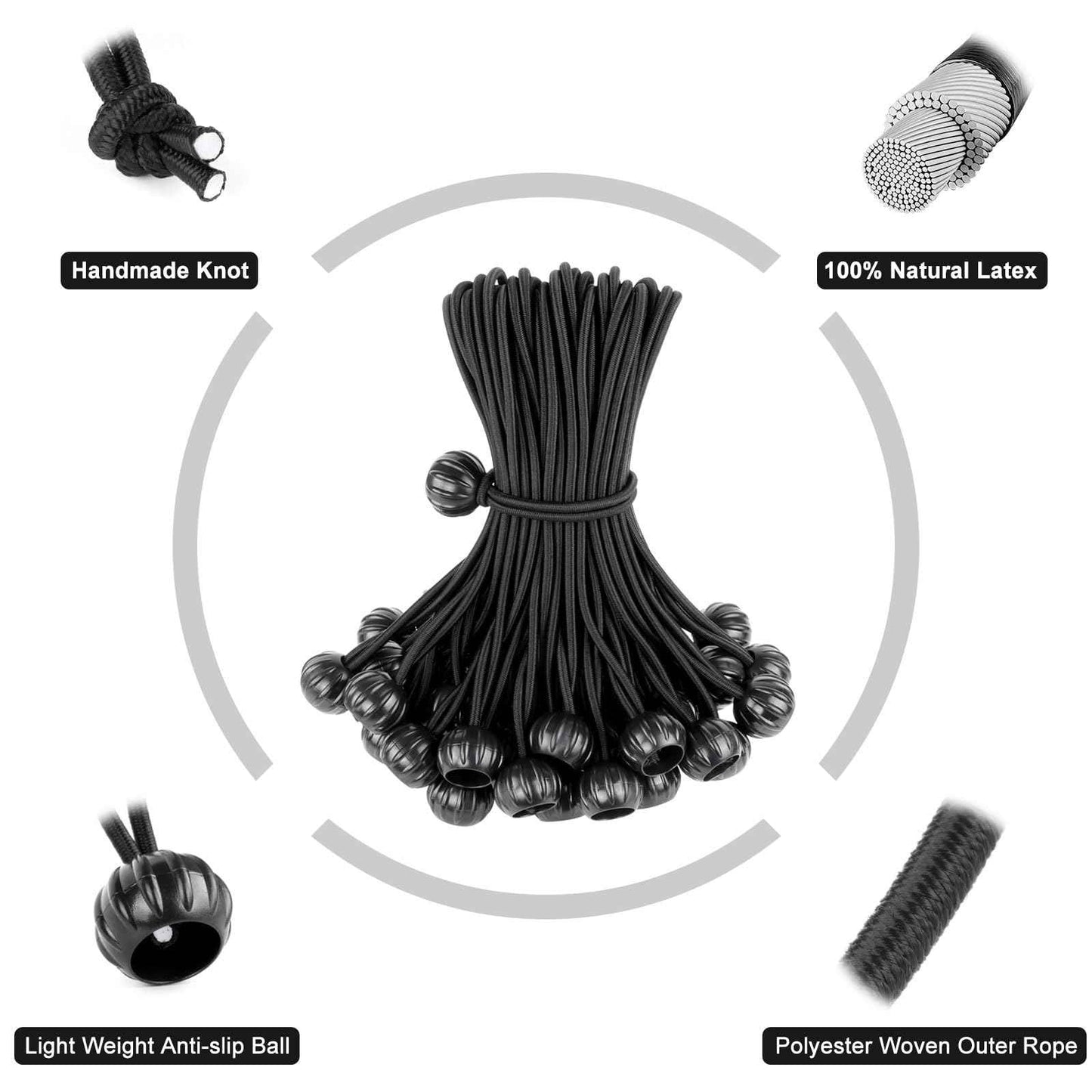Bungee Cords with Balls 6 Inch, 100 Pack Heavy Duty Bungie Cord Balls, Canopy Tarp Tie Down Ball Bungee Cords for Camping, Tents, Patio Umbrellas, Awning, Bundle, Black