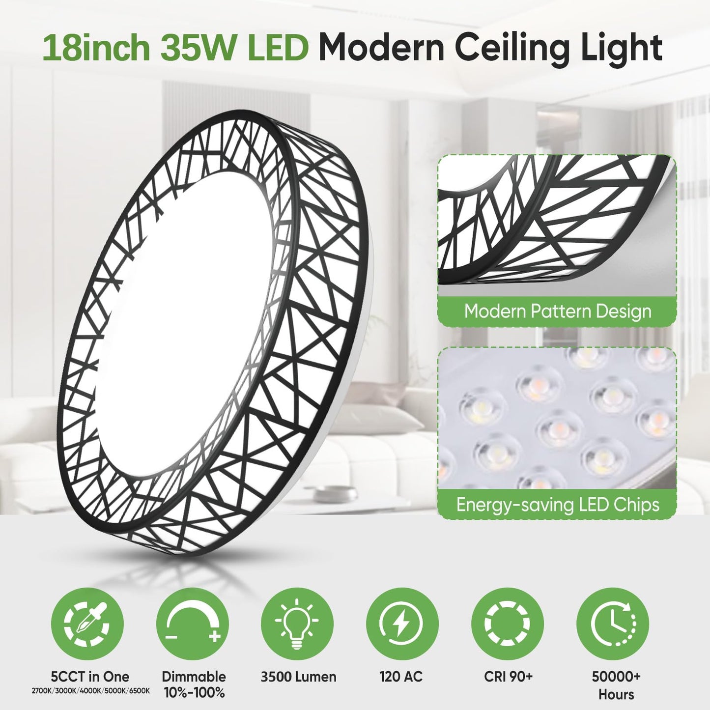 Lightania 18 Inch Flush Mount Ceiling Light, Modern Black LED Ceiling Light Fixture, 35W 3500LM 2700-6500K Adjustable, Dimmable Ceiling Lights for Bedroom, Kitchen, Hallway, Bathroom, ETL Listed