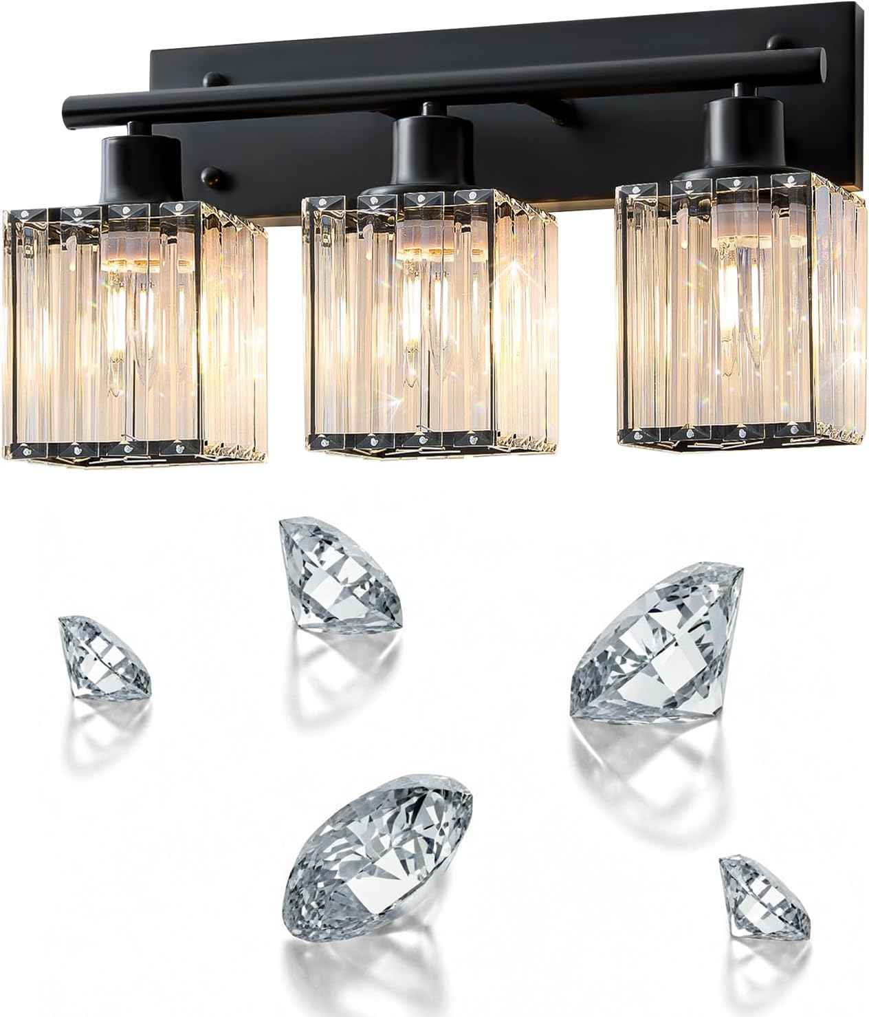 Modern 3-Light Crystal Vanity Light Fixture for Bathroom & Bedroom - Black Finish