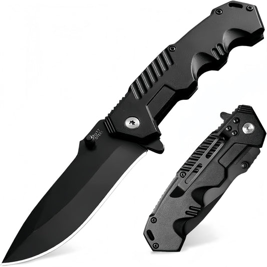 Pocket Folding Knife with Serrated Clip Blade, Pocket Knife for Outdoor Tactical Survival and EDC, Survival Knife Liner-Lock Belt Clip, Hunting, Camping, Outdoor, Unique Gifts for Friends (Black)