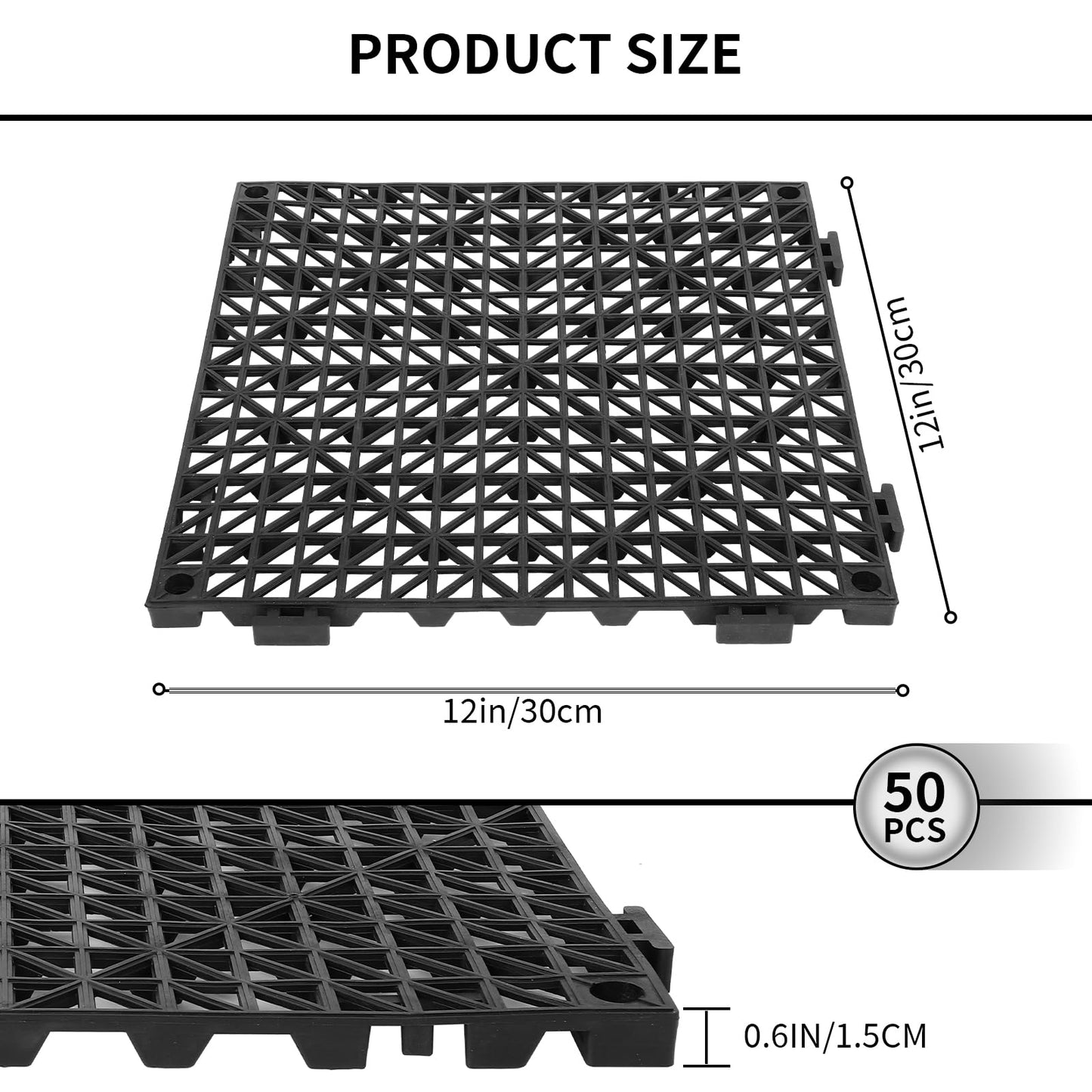 FAHKNS 50Pcs Interlocking Drainage Tiles, 12Inx12In Non-Slip Splicing Waterproof Mat, Free Joint Snap-On Installation with Rubber Drainage Mat for Indoor and Outdoor Use, Black