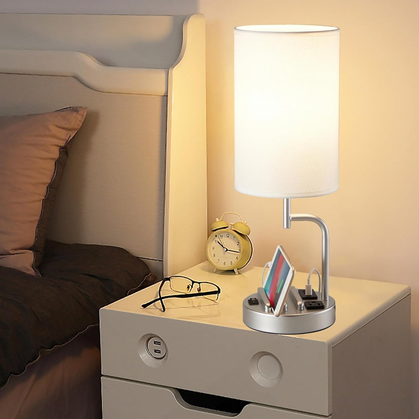 Modern Table Lamp with 3 USB Ports & AC Outlet - Set of 2 Bedside Desk Lamps in Silver