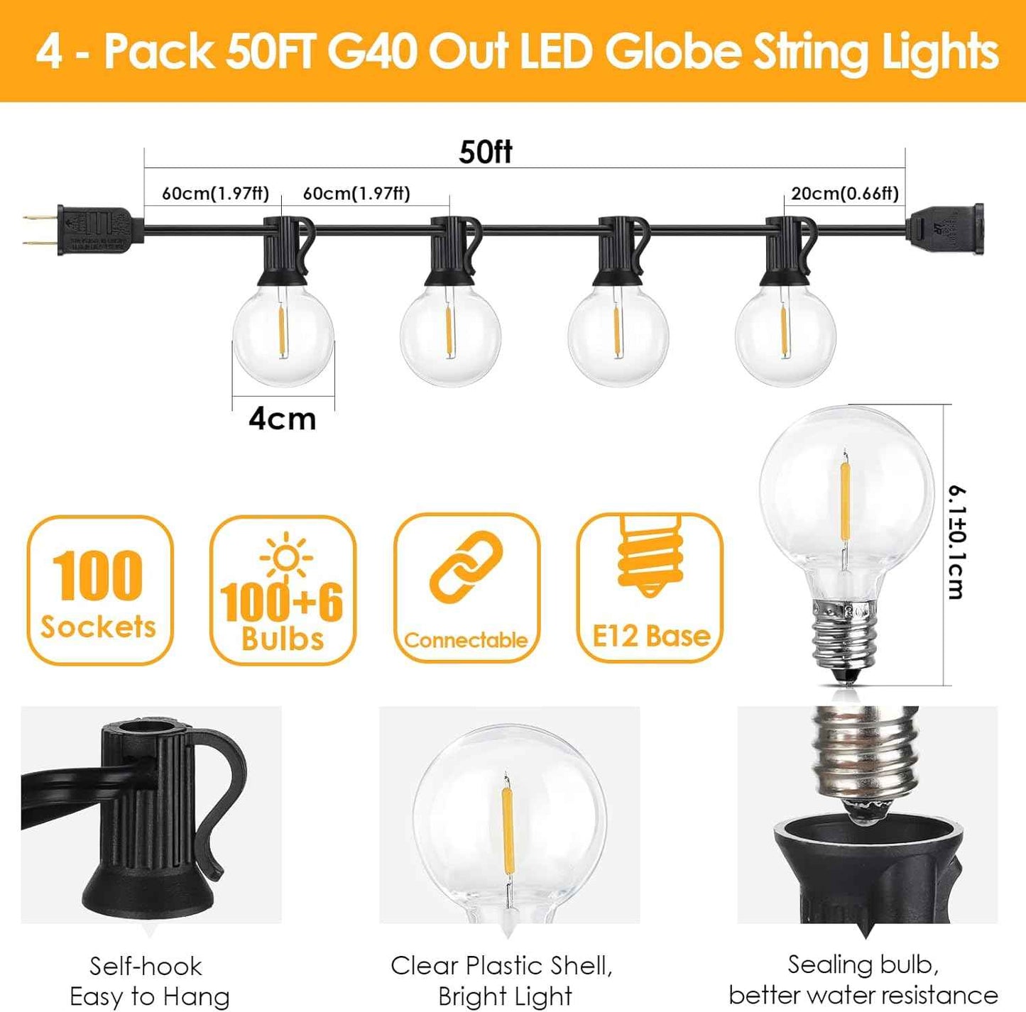 Outdoor String Lights 100FT - G40 Globe Patio Lights with 54 Waterproof LED Bulbs - Black Wire