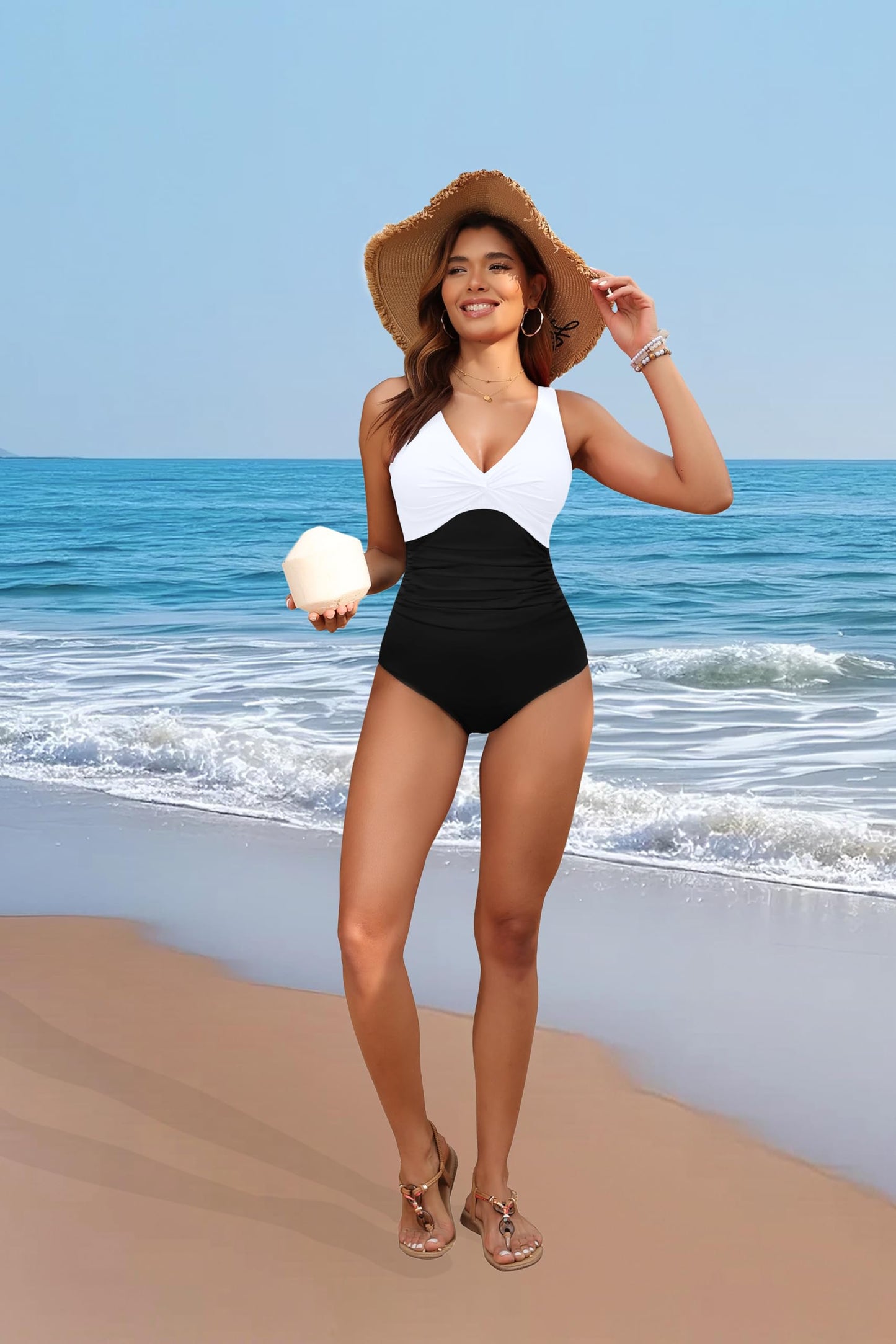 Holipick Black and White Women Tummy Control One Piece Swimsuit - Push Up Bathing Suit Full Coverage Slimming Swimwear S