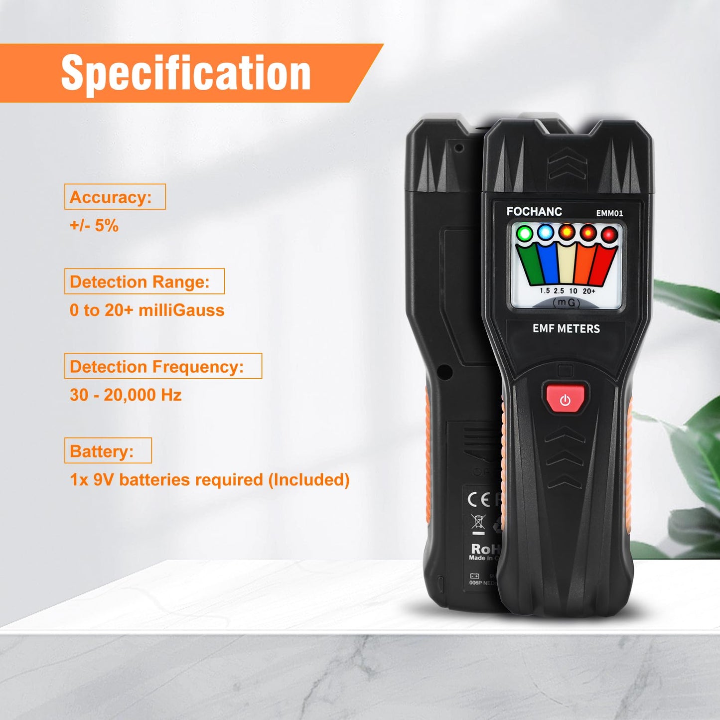 EMF Meter with 5 LED Magnetic Field Detector with On/Off Button, Fochanc Ghost Hunting Equipment Tester 50Hz-20,000Hz, for Home, Office & Outdoor Inspections, Battery Included(Black)