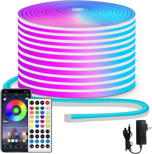 50ft RGB LED Neon Rope Lights with Remote & APP Control - Waterproof Flexible Strip for Bedroom & Outdoor Décor