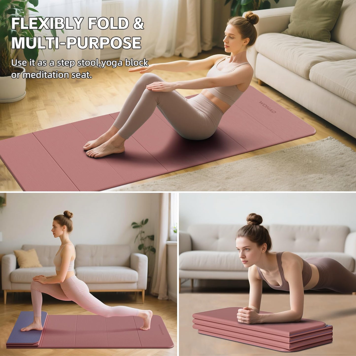 WOHAO Foldable Yoga Mat 70"x24" - Thickened TPE Non-Slip Exercise Mat for Home, Gym & Travel, Lightweight & Easy to Carry, Supports Pilates, Hot Yoga & Floor Workouts (Pink + Navy)
