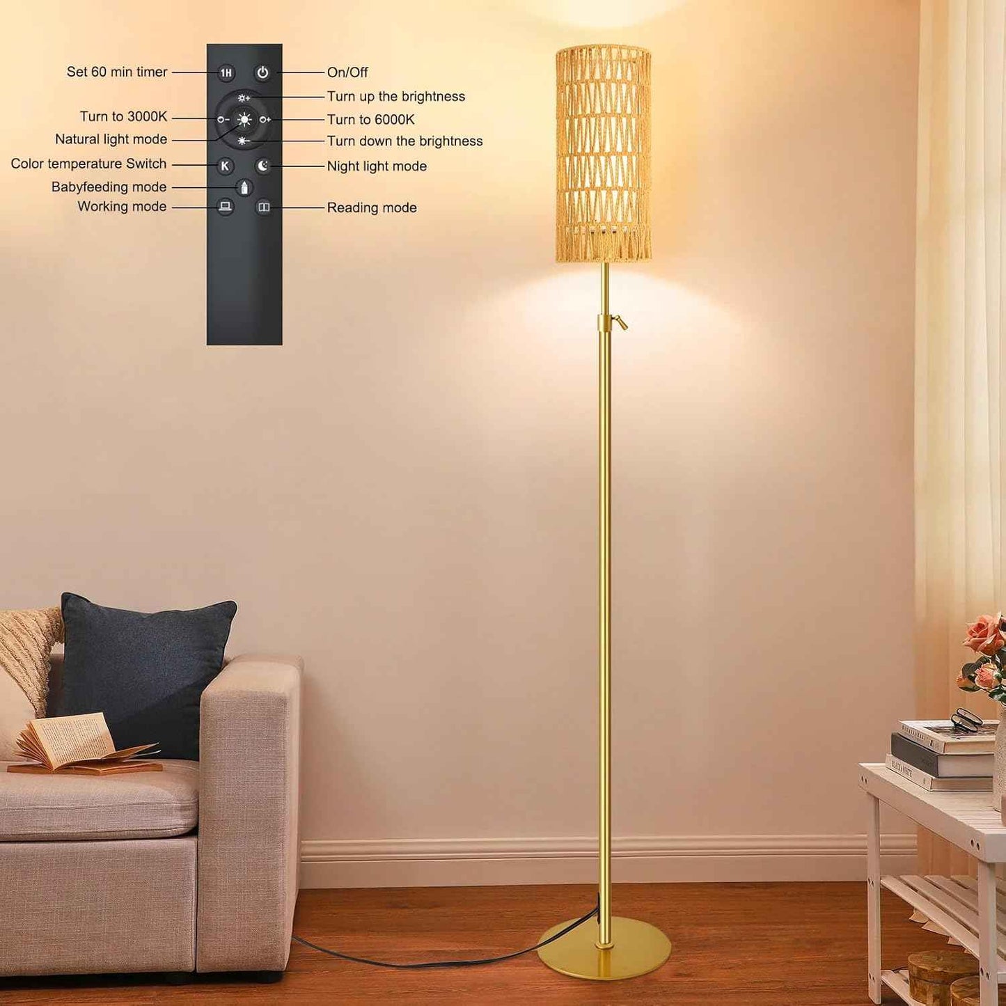 Boho Gold Floor Lamp with Remote Control | Dimmable Rattan & Wicker Design for Living Room