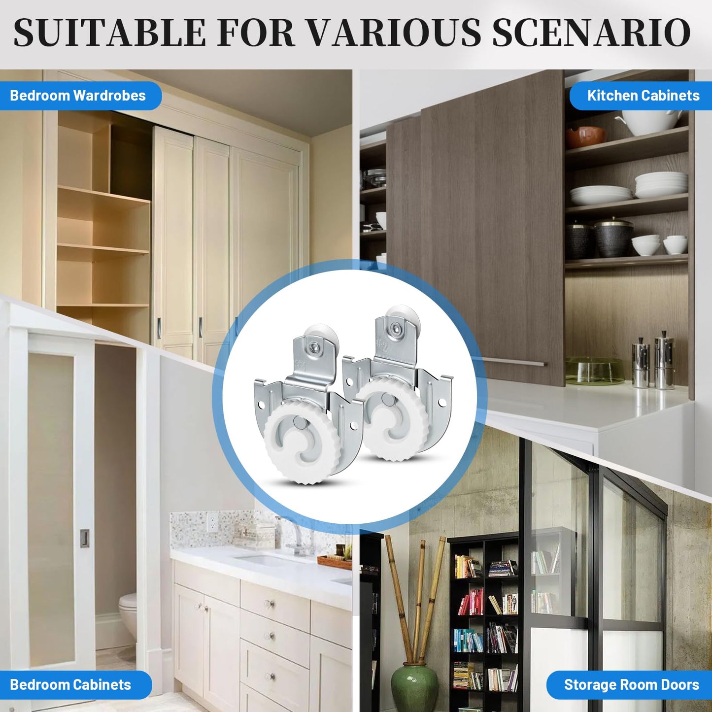 Sliding Closet Door Hardware Set, Sliding Wardrobe Door Hardware Roller Kit Includes Knob Adjustable Door Hooks and Screws