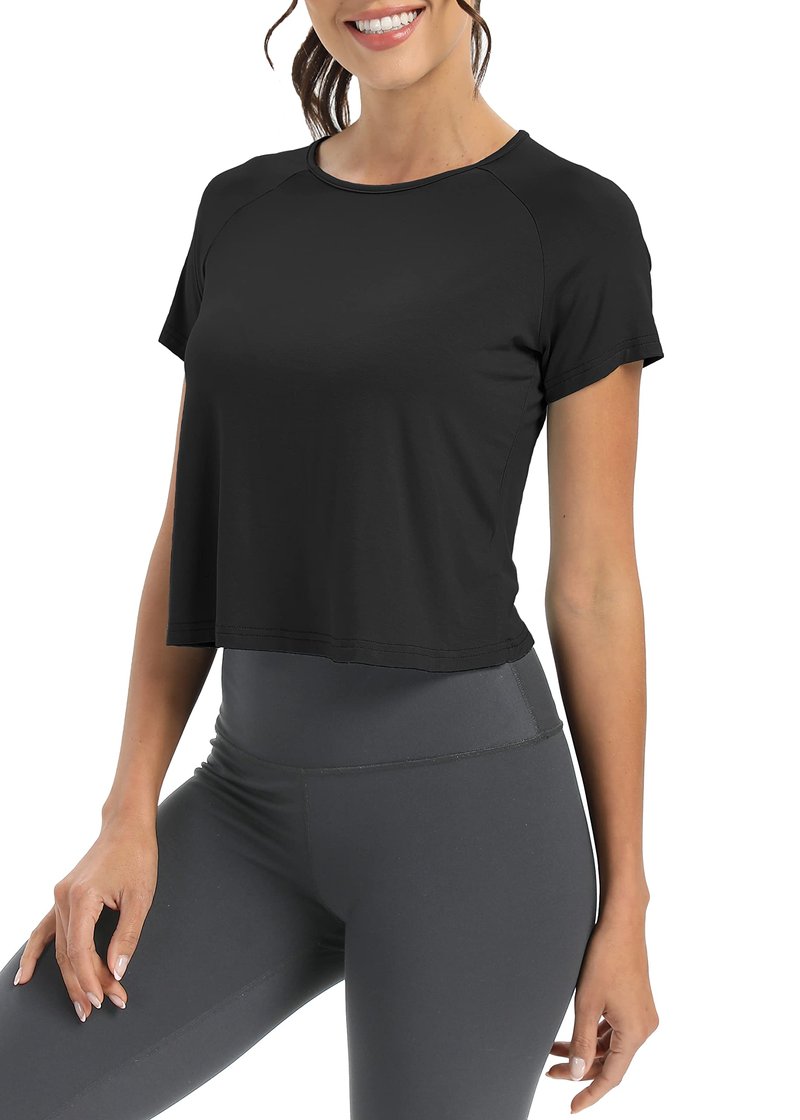 Bestisun Athletic Exercise Sports Activewear Running Shirts Open Back Yoga Gym Casual Sports Crop Tops Black S