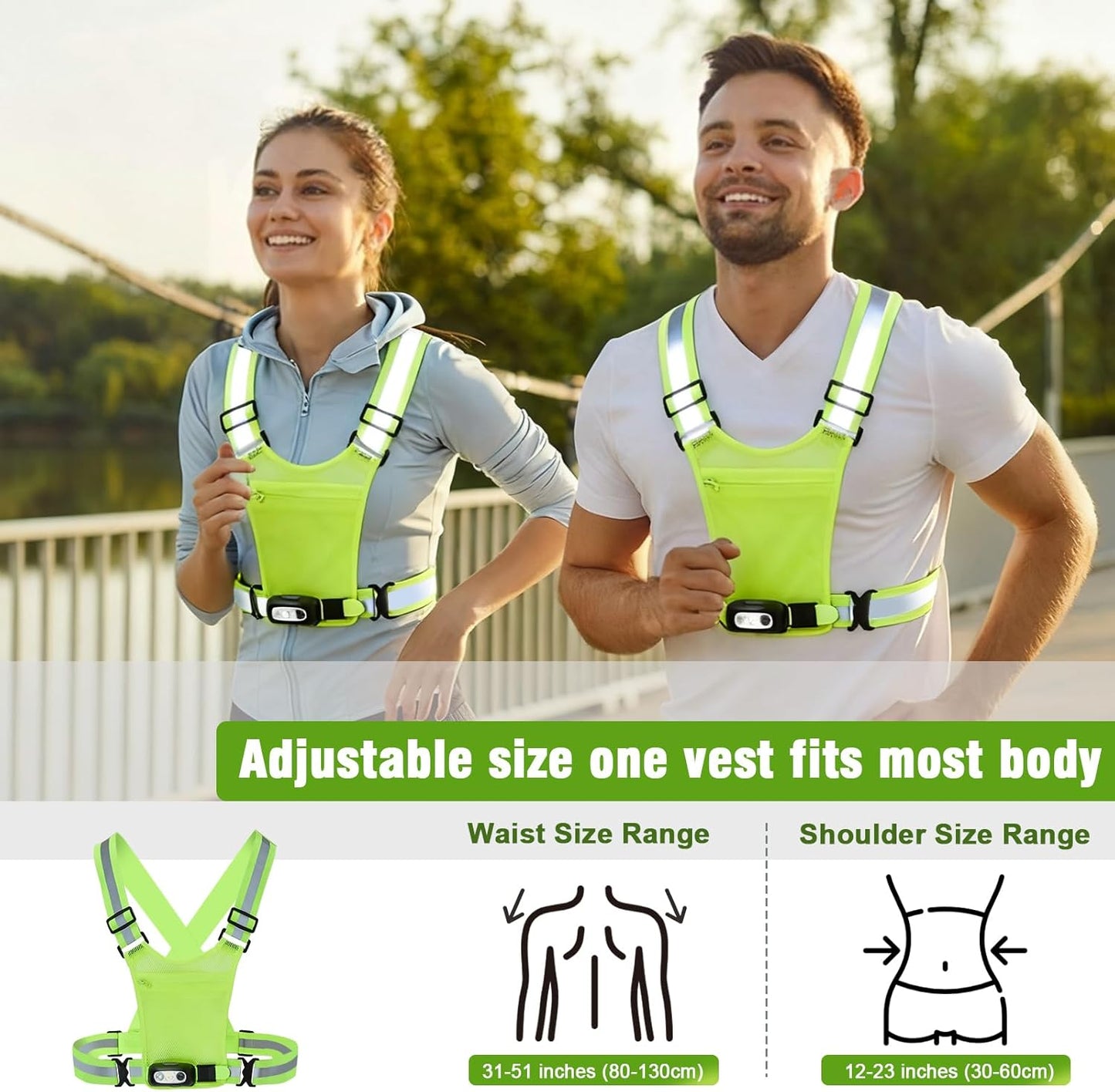 Skiennix Reflective Running Vest - 3-Mode Motion Sensor Lights | 360° Visibility & Storage Pocket (Green)