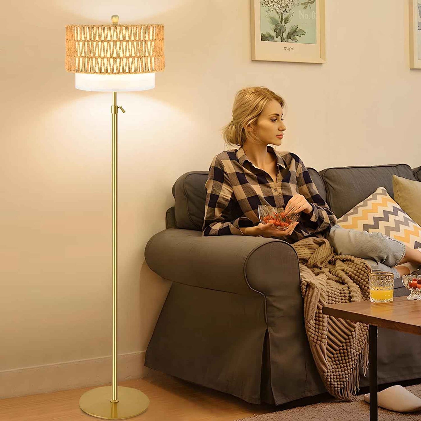 Boho Gold Floor Lamp with Remote Control | Dimmable Rattan & Wicker Design for Living Room