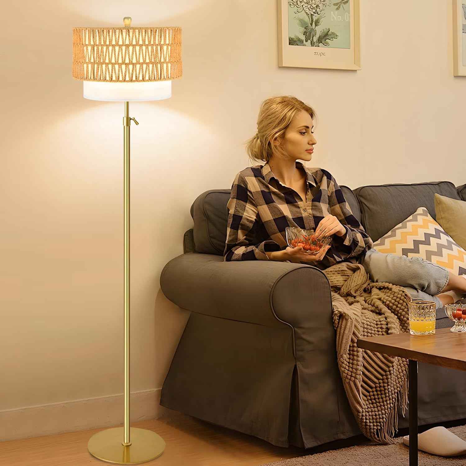 Boho Gold Floor Lamp with Remote Control | Dimmable Rattan & Wicker Design for Living Room