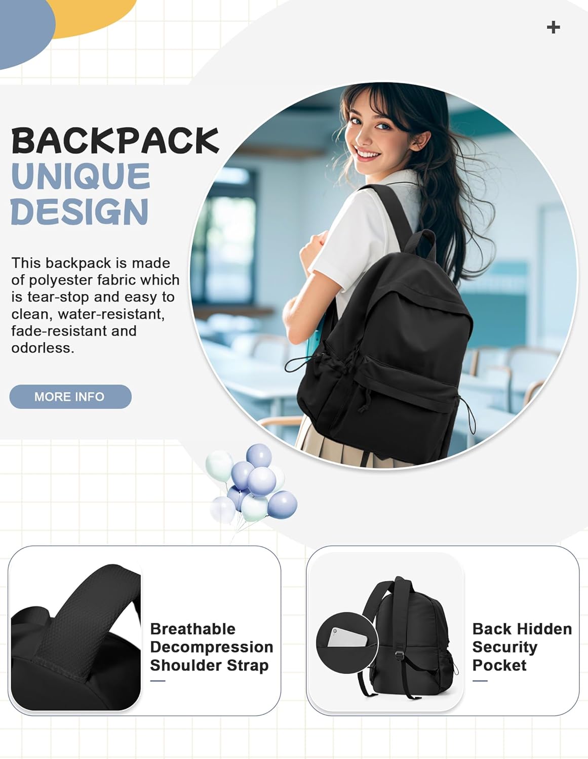PAUBACK Black Waterproof School Backpack - Lightweight Cute Bag for Girls, Teens & Women