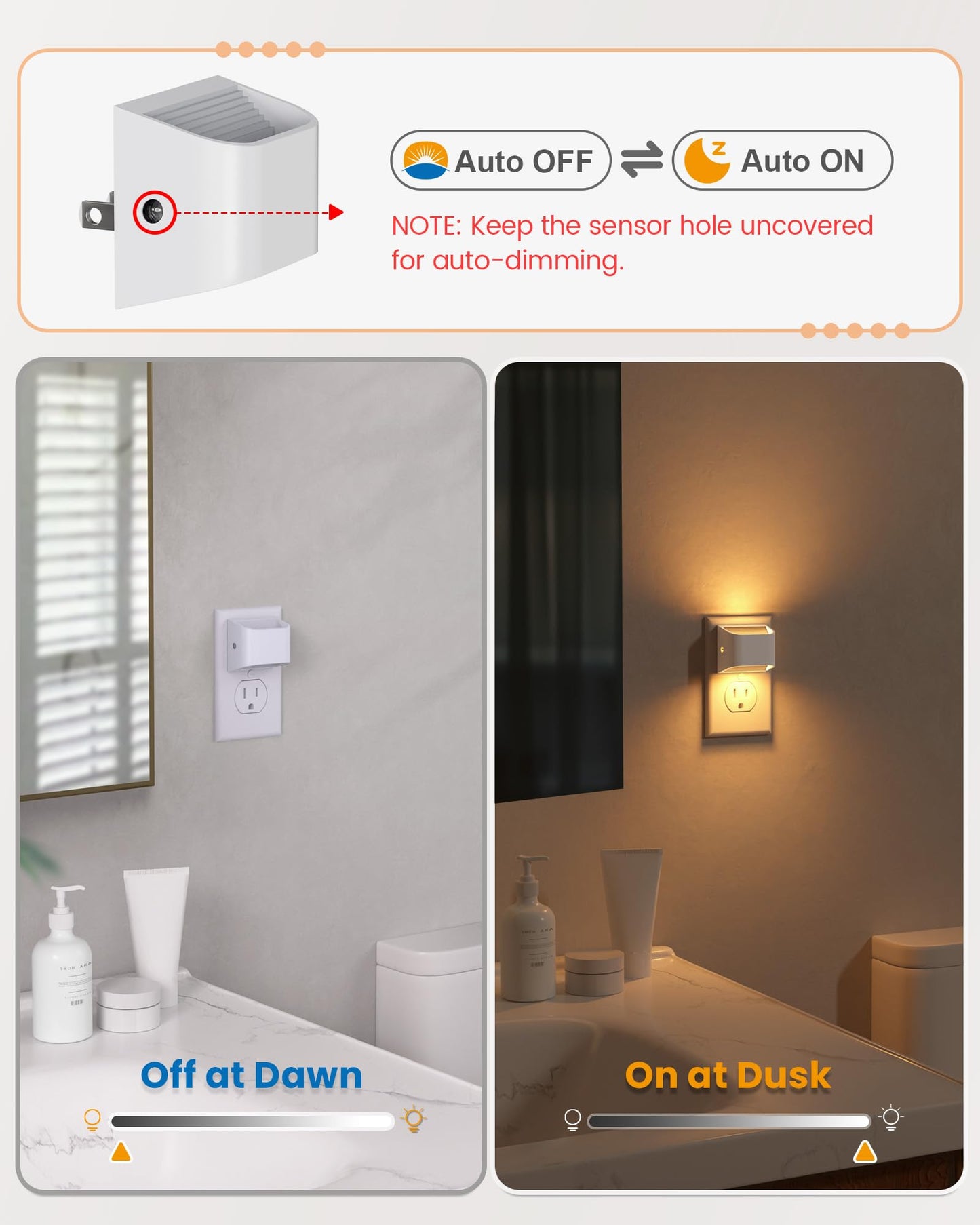 NIORSUN Plug in Night Light, Auto Brightness Sensor Night Light, 3000K Warm White, Ultra-Slim Wall Light for Hallway Bathroom Bedroom Stairs, White, 2 Pack