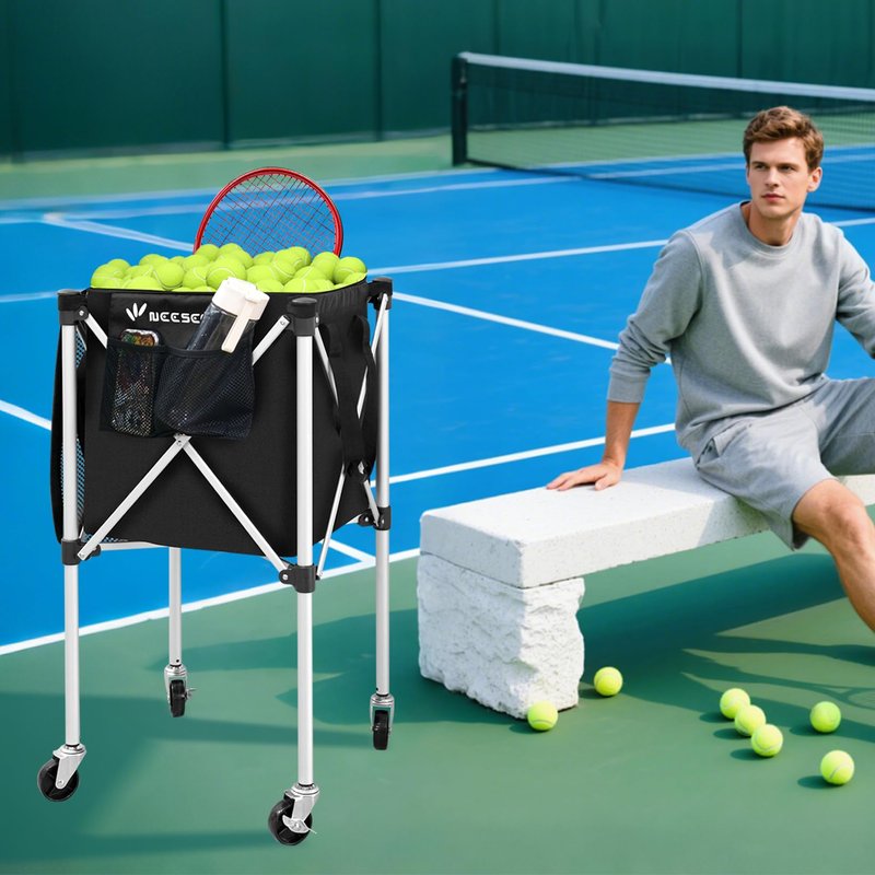 NEESEEYEE Sturdy Pickleball Tennis Ball Hopper - Foldable Lightweight Tennis Cart Holds 240 Tennis/180 Pickleballs with Removable Bag, Wheels, Side Pocket for Training/Teaching