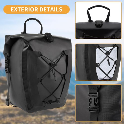 Leopauto Bike Pannier Bag, Double 25L Max Waterproof Bike Rear Rack Bag Large Capacity Bike Rear Panniers with Elastic Cord for Cycling Touring Commuting