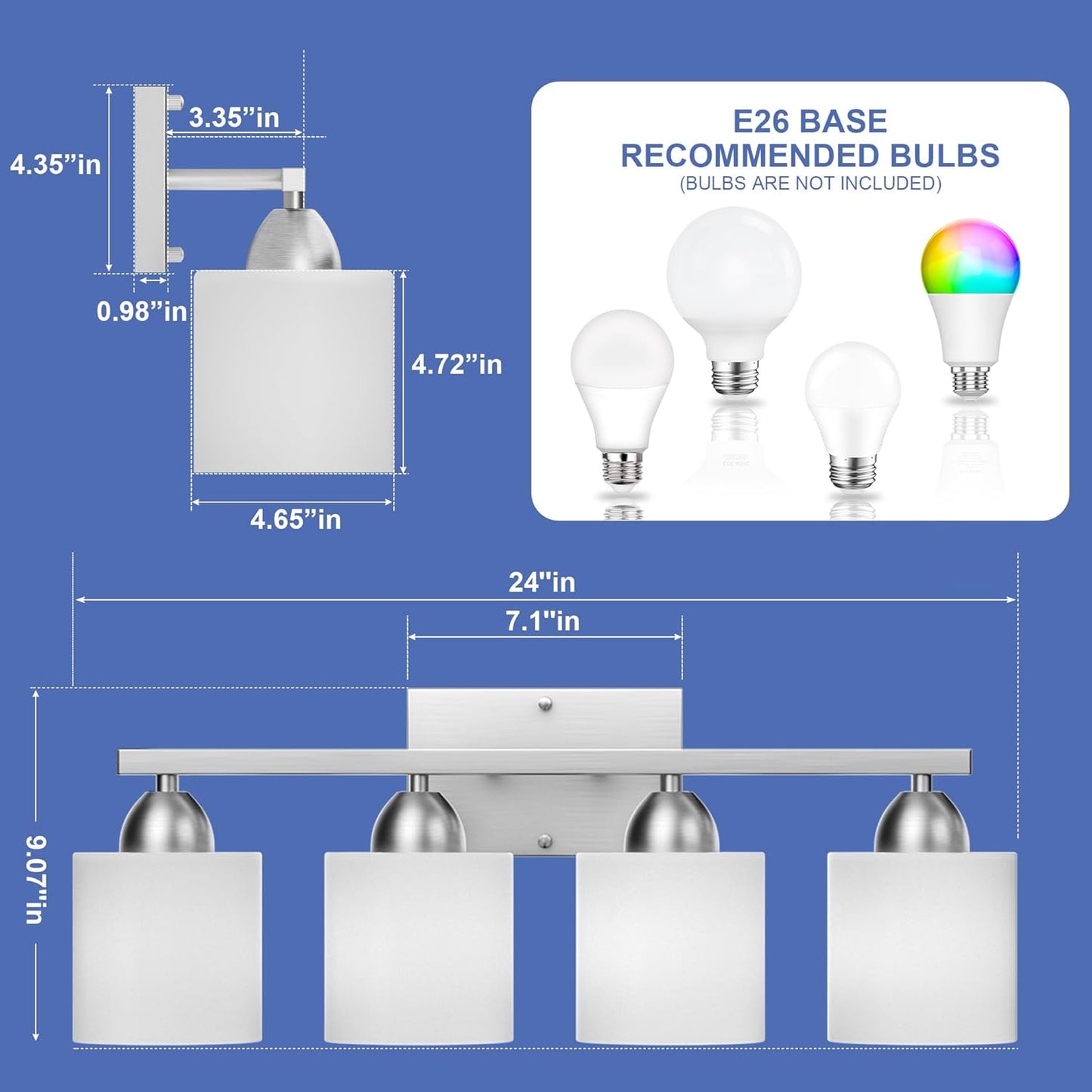 Modern 4-Light Bathroom Vanity Light Fixture - Anti-Rust Over Mirror Sconce with Milky White Glass Shades, E26 Base