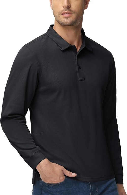 MAGCOMSEN Men's Quick Dry Tactical Polo Shirt - Performance Long Sleeve Pique Jersey Golf Shirt