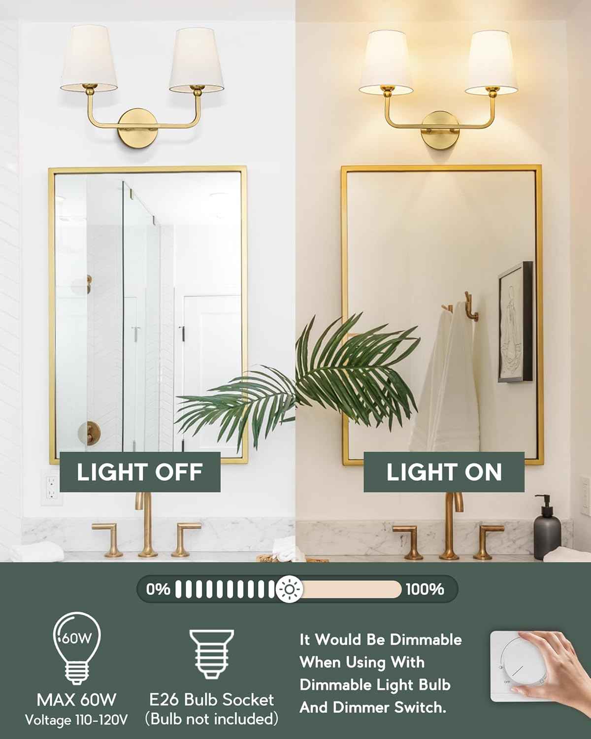 Brushed Gold 2-Light Bathroom Vanity Wall Sconce with White Fabric Shade - Modern Lighting for Hallway & Bedroom