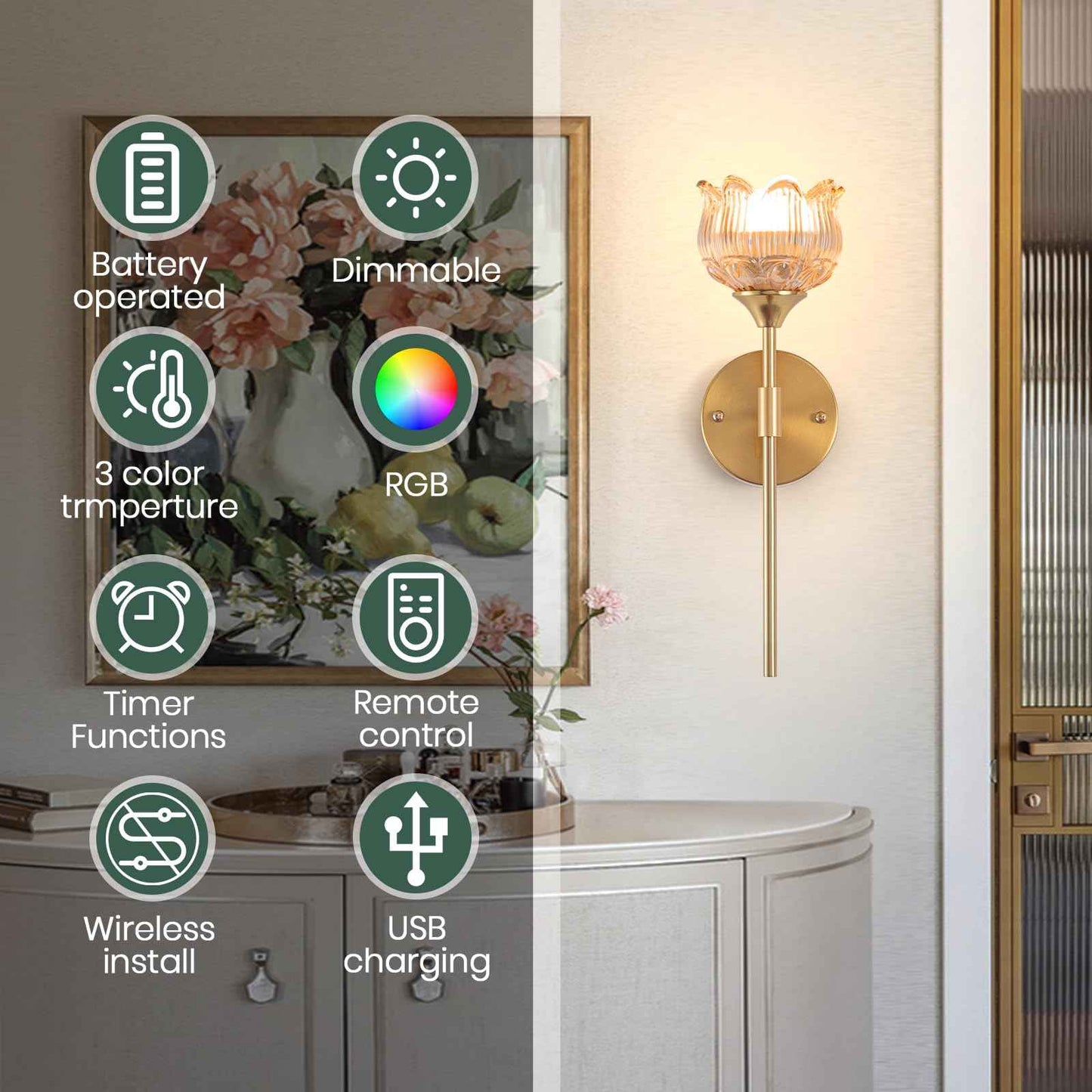 Rnzziw Battery Operated Wall Sconces Set of 2, Wireless Wall Sconce with USB, Rechargeable LED Light Bulbs 12 Colors Industrial Brushed Brass Wall Lamp for Bedroom Living Room, Bulbs Included (Amber)