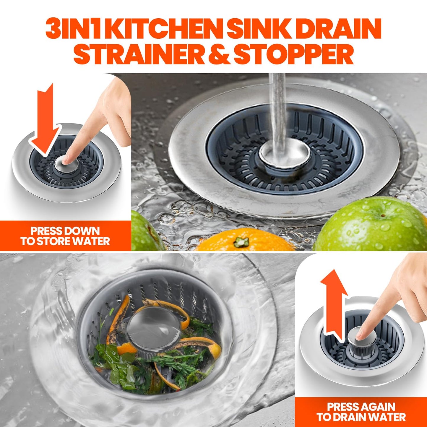 Nipoko Kitchen Sink Drain Strainer - Upgraded Kitchen Sink Stopper,Sink Stopper Kitchen Drain,Stainless Steel Drain Plug with Anti-Clog Basket Drain Stopper Combo,for Standard 3-1/2'' Drain,Grey