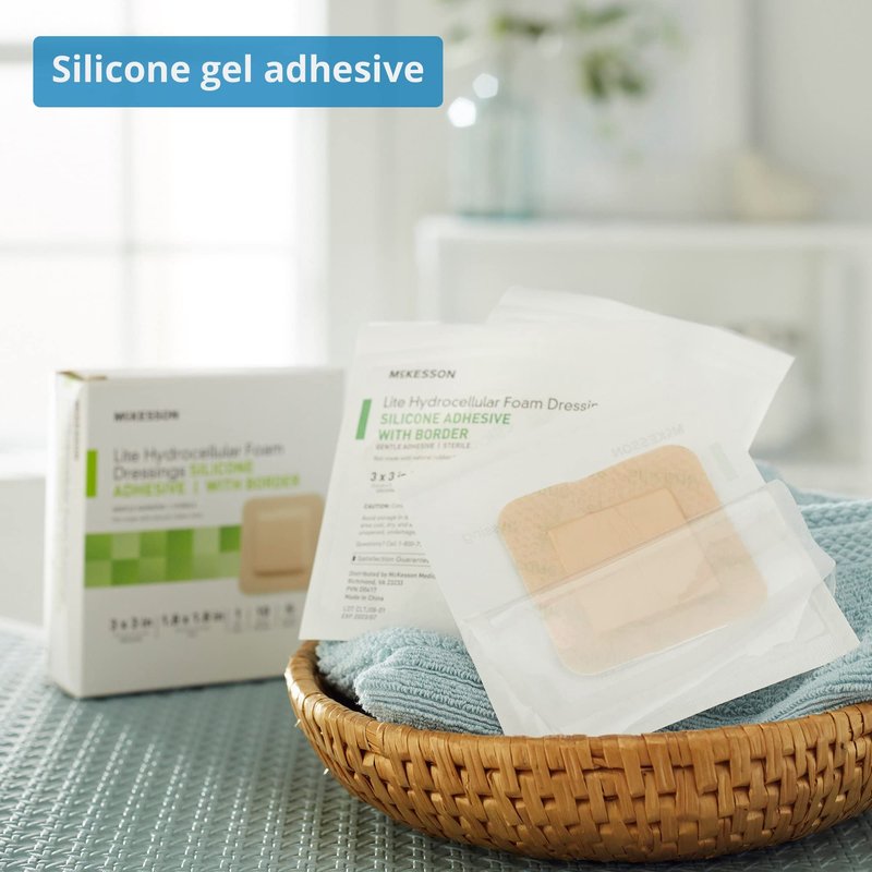 McKesson Lite Hydrocellular Foam Dressings, Sterile, Silicone Adhesive with Border, 3 in x 3 in, 10 Count, 1 Pack