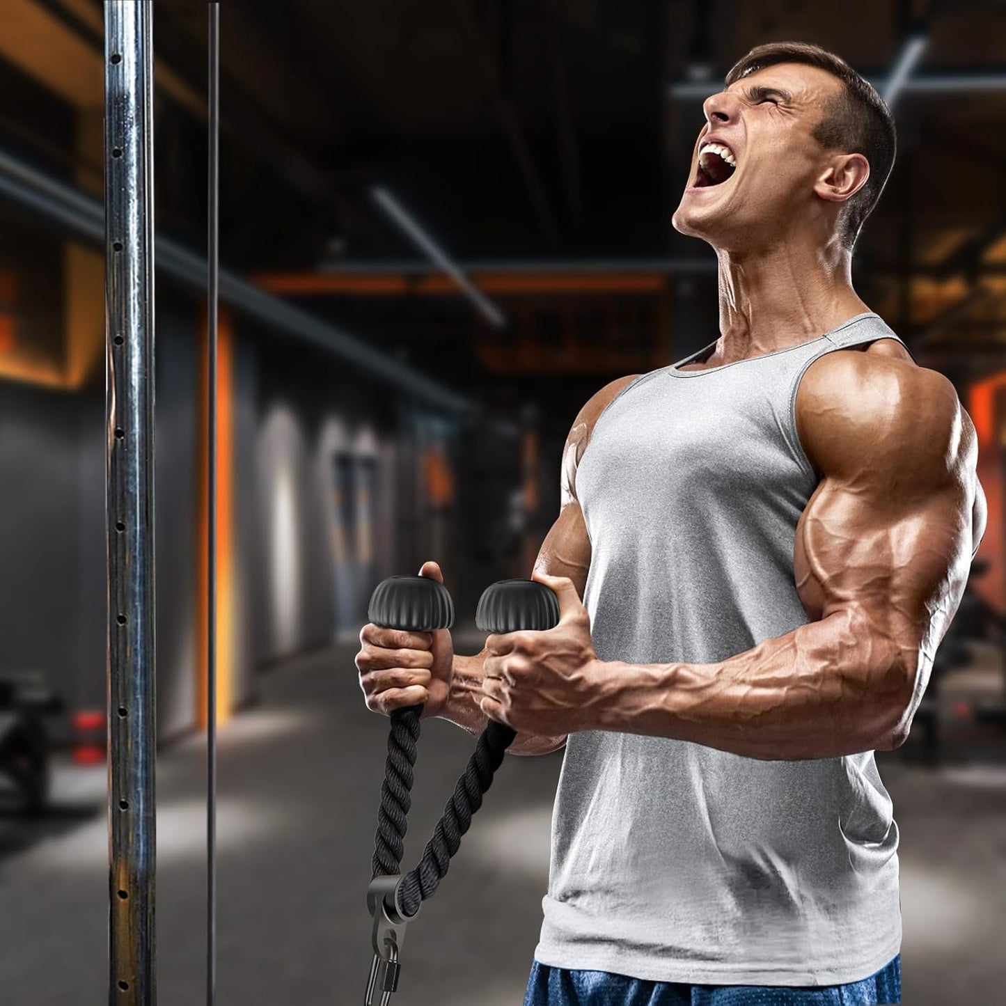 SELEWARE Triceps Rope - Non-Slip Soft Rubber Ends for Home Gym | 28 & 36 Inch LAT Pulldown Attachment in Black & Orange