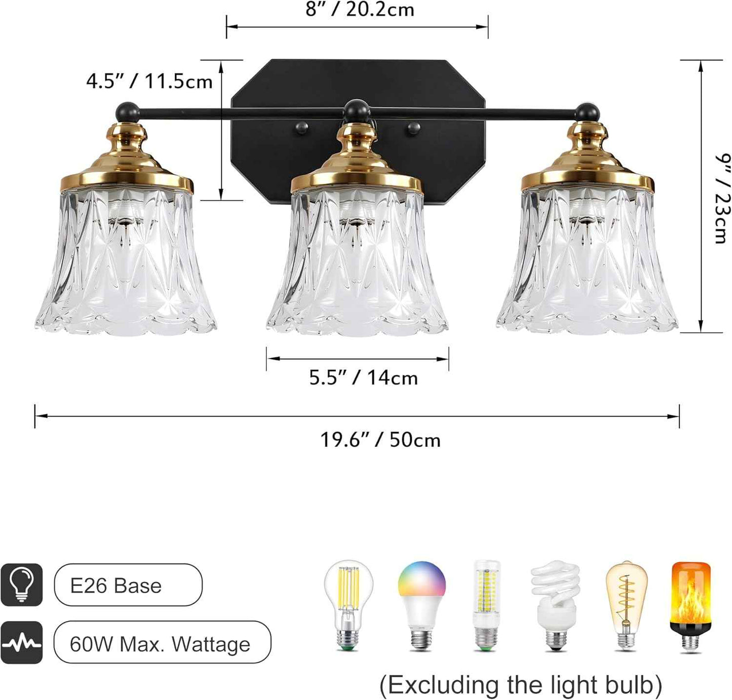 3-Light Vintage Bathroom Vanity Light Fixture - Black & Gold Antique Design with Crystal Glass Shade
