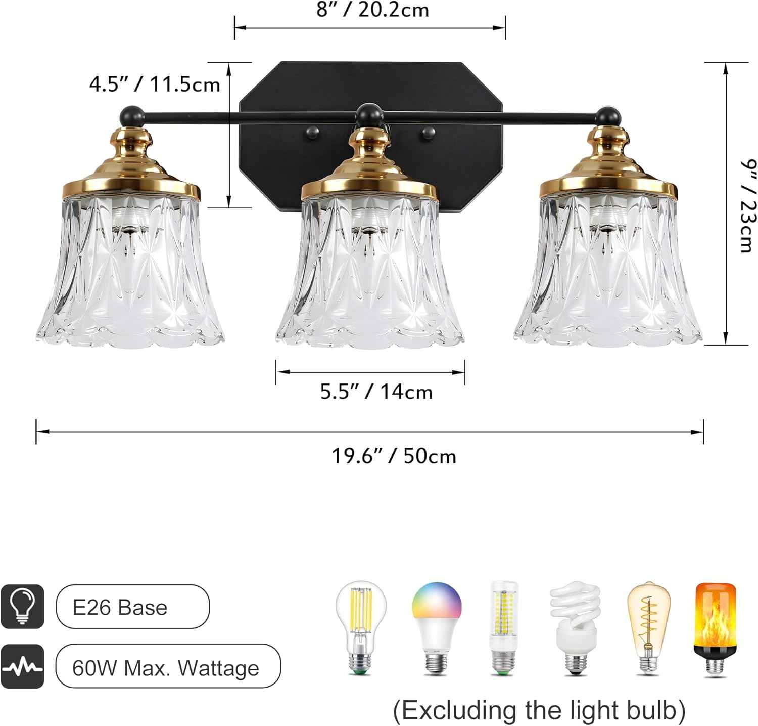 3-Light Vintage Bathroom Vanity Light Fixture - Black & Gold Antique Design with Crystal Glass Shade